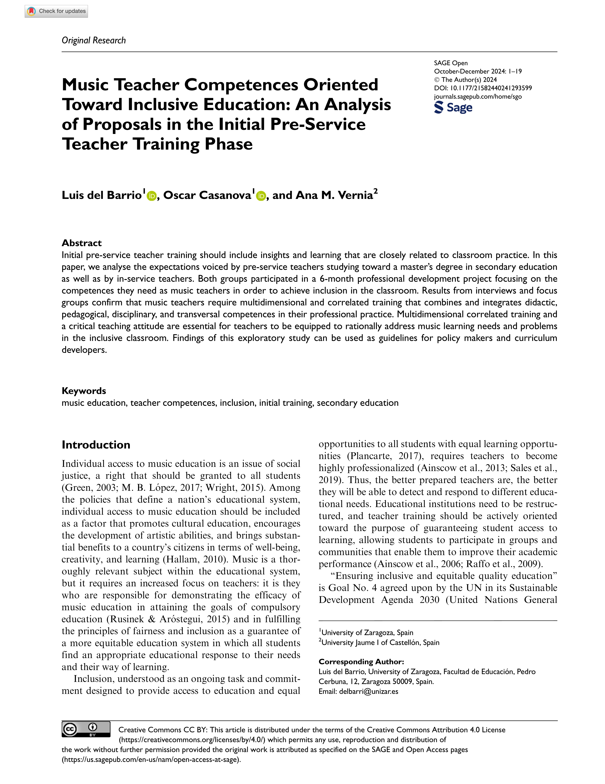 Music teacher competences oriented toward inclusive education: an analysis of proposals in the initial pre-service teacher training phase