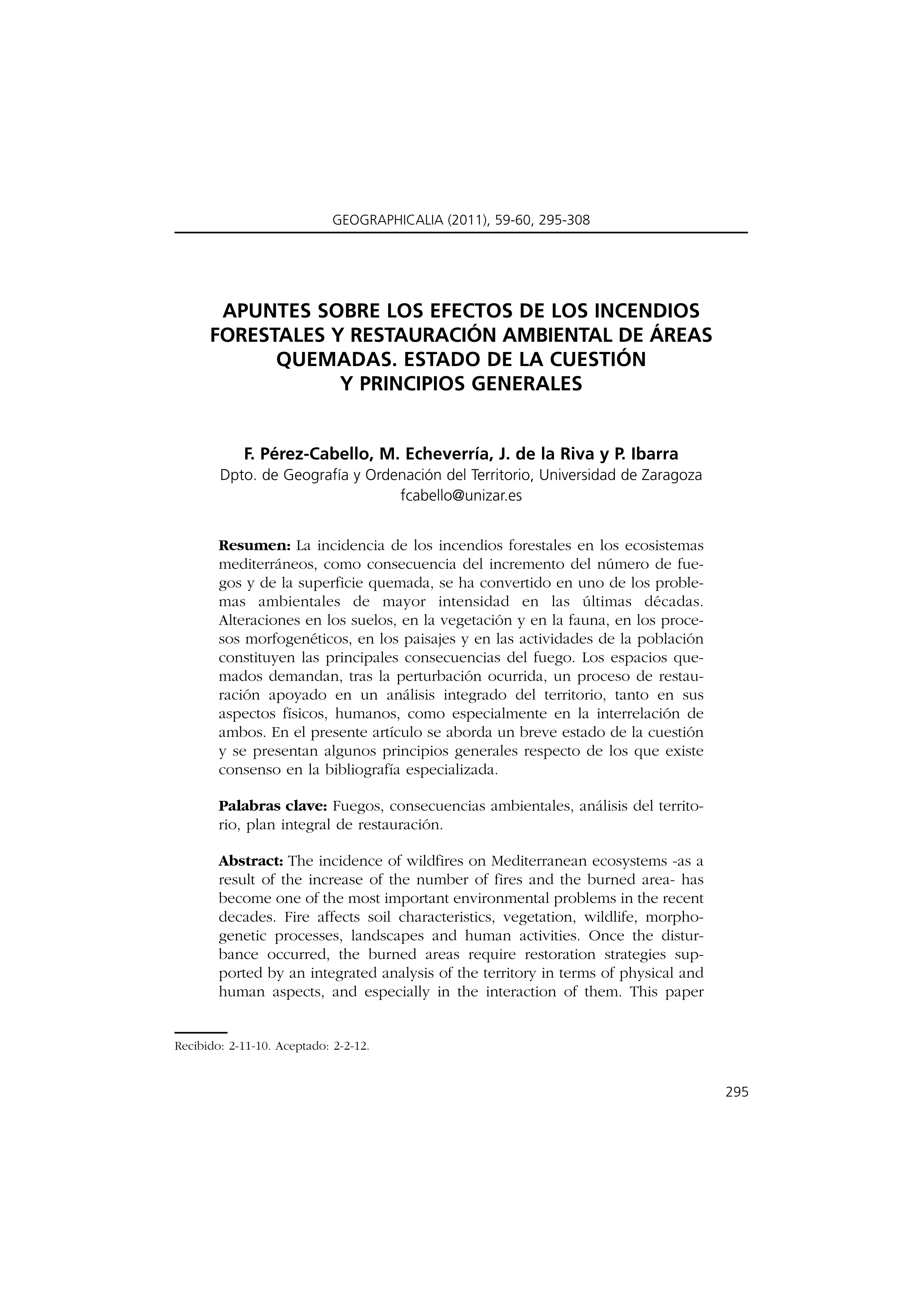 Apuntes sobre los efectos de los incendios forestales y restauración ambiental de áreas quemadas. Estado de la cuestión y principios generales