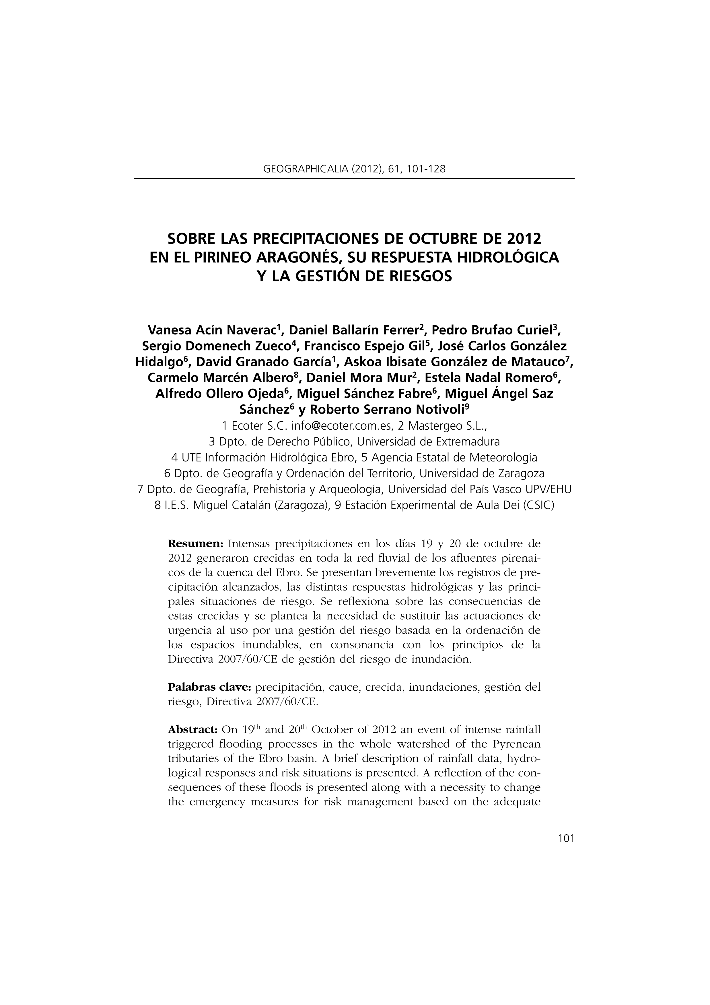 Sobre las precipitaciones de octubre de 2012 en el Pirineo  Aragonés. Su respuesta hidrológica y la gestión de riesgos