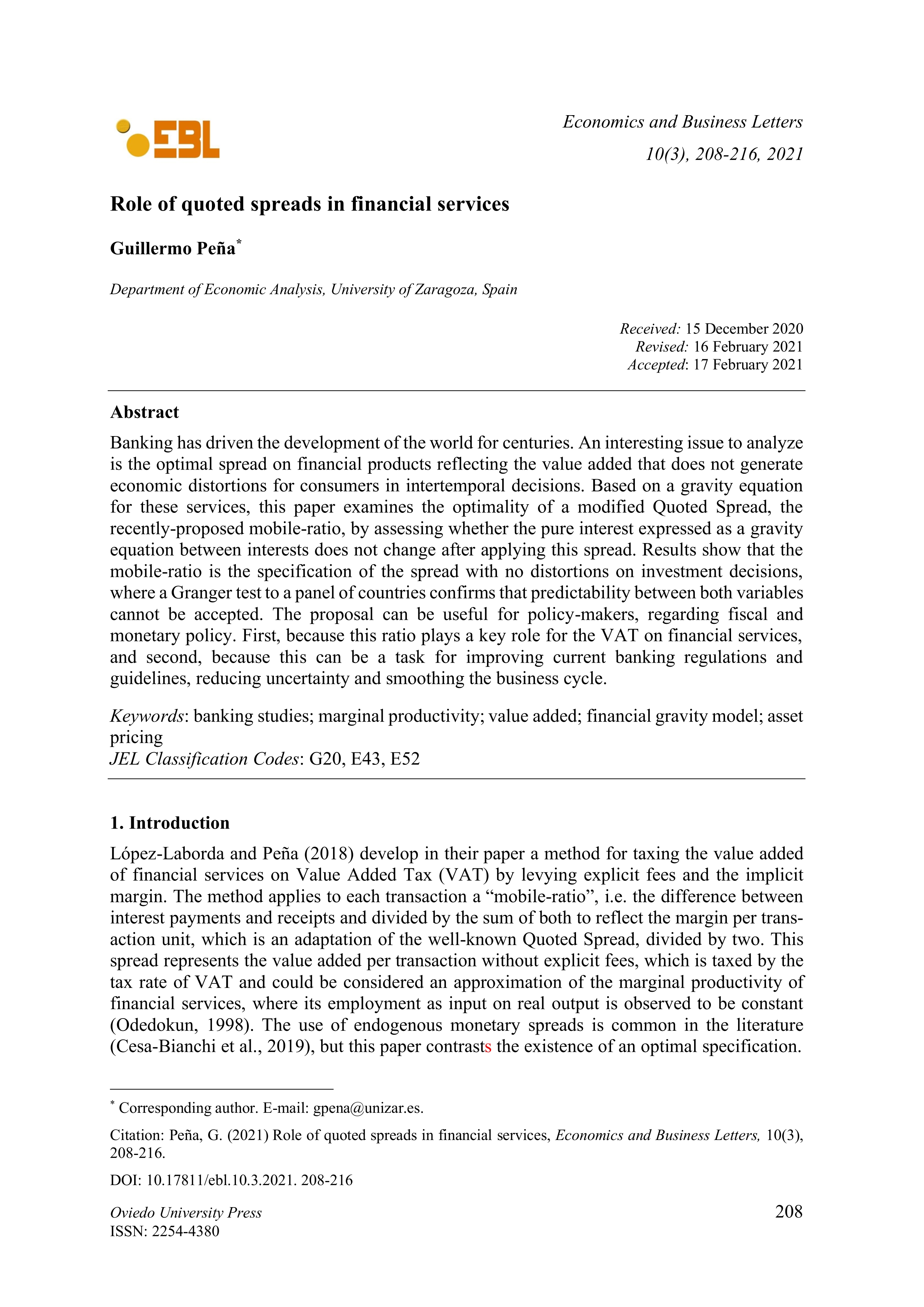 Role of quoted spreads in financial services