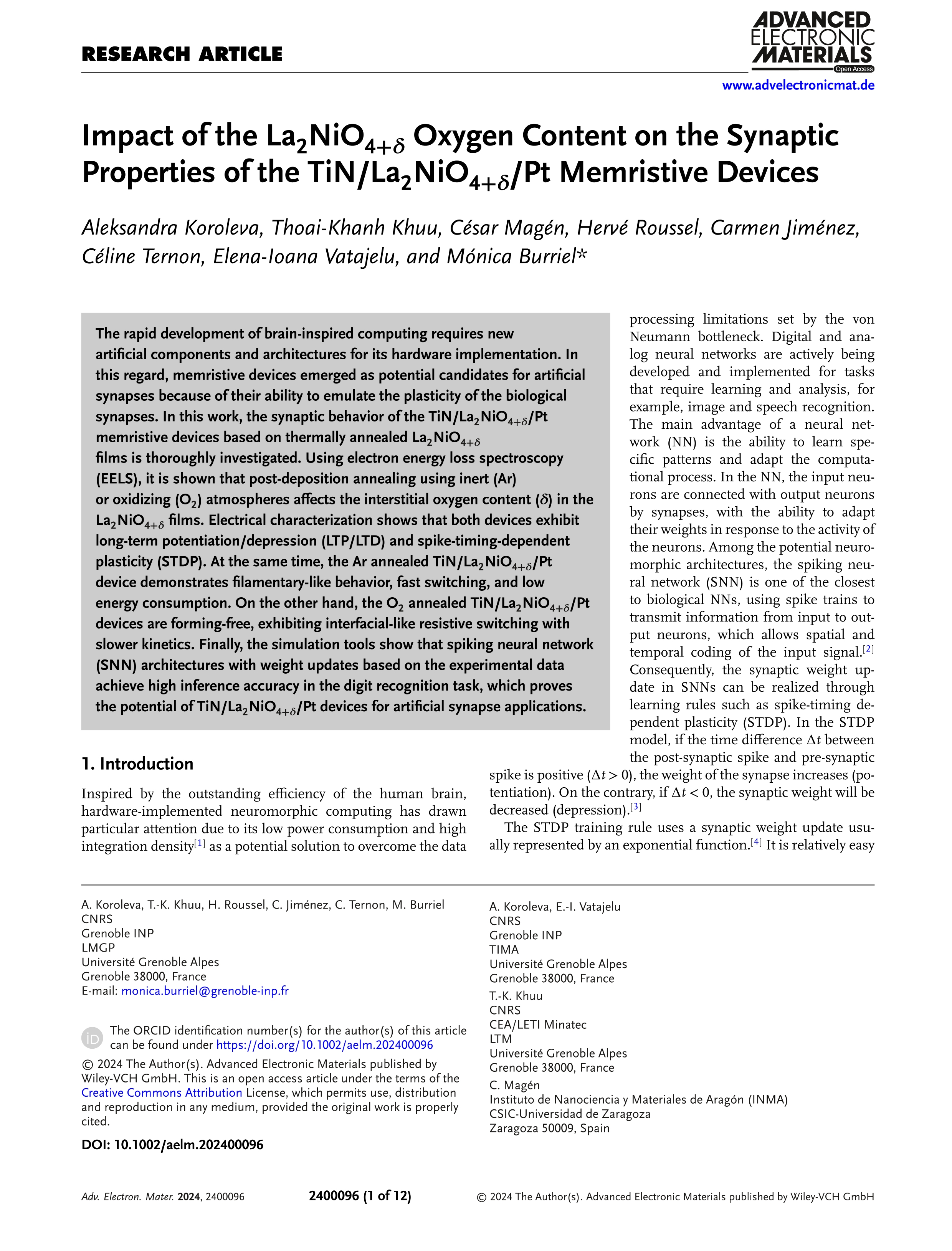 Impact of the La2NiO4+d oxygen content on the synaptic properties of the TiN/La2NiO4+d/Pt memristive devices