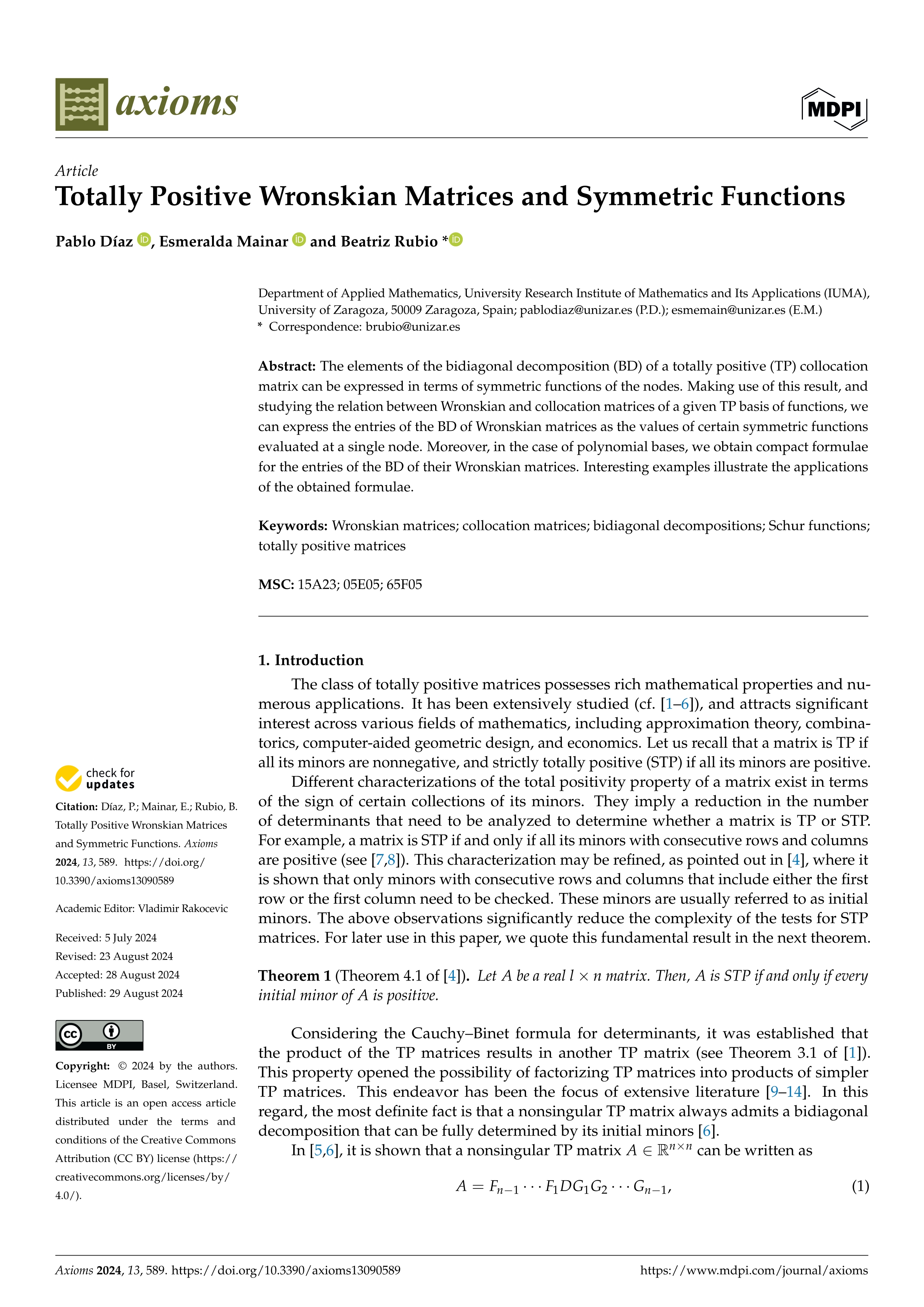 Totally positive Wronskian matrices and symmetric functions