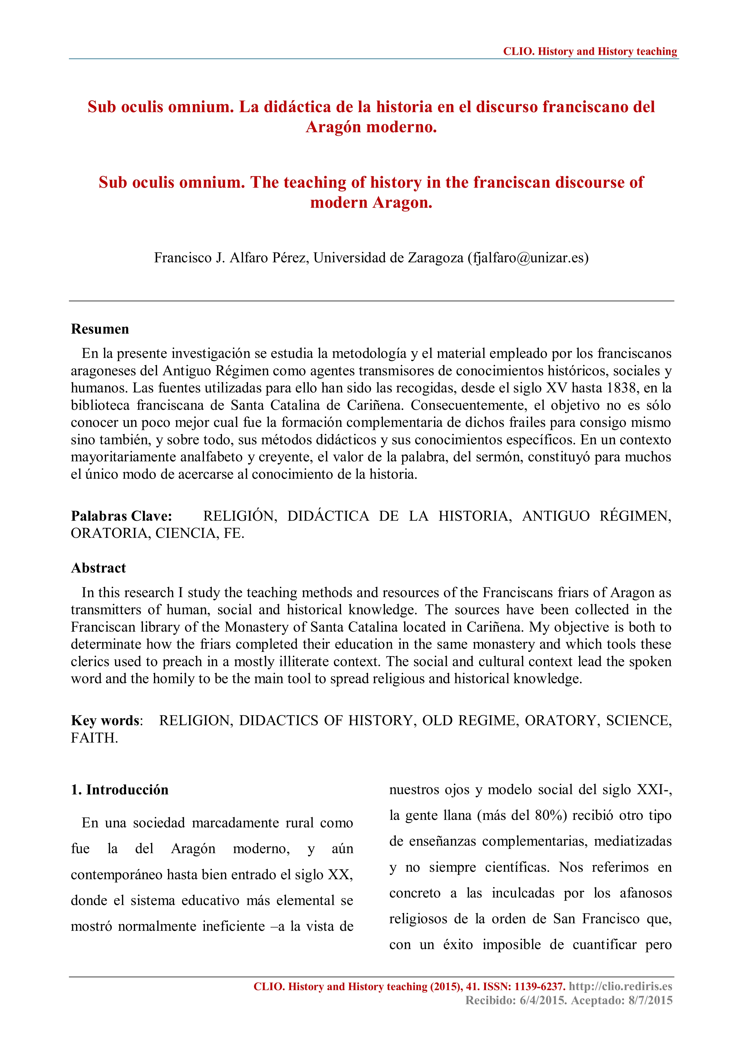 Sub Oculis Omnium. La didáctica de la historia en el discurso franciscano del Aragón moderno