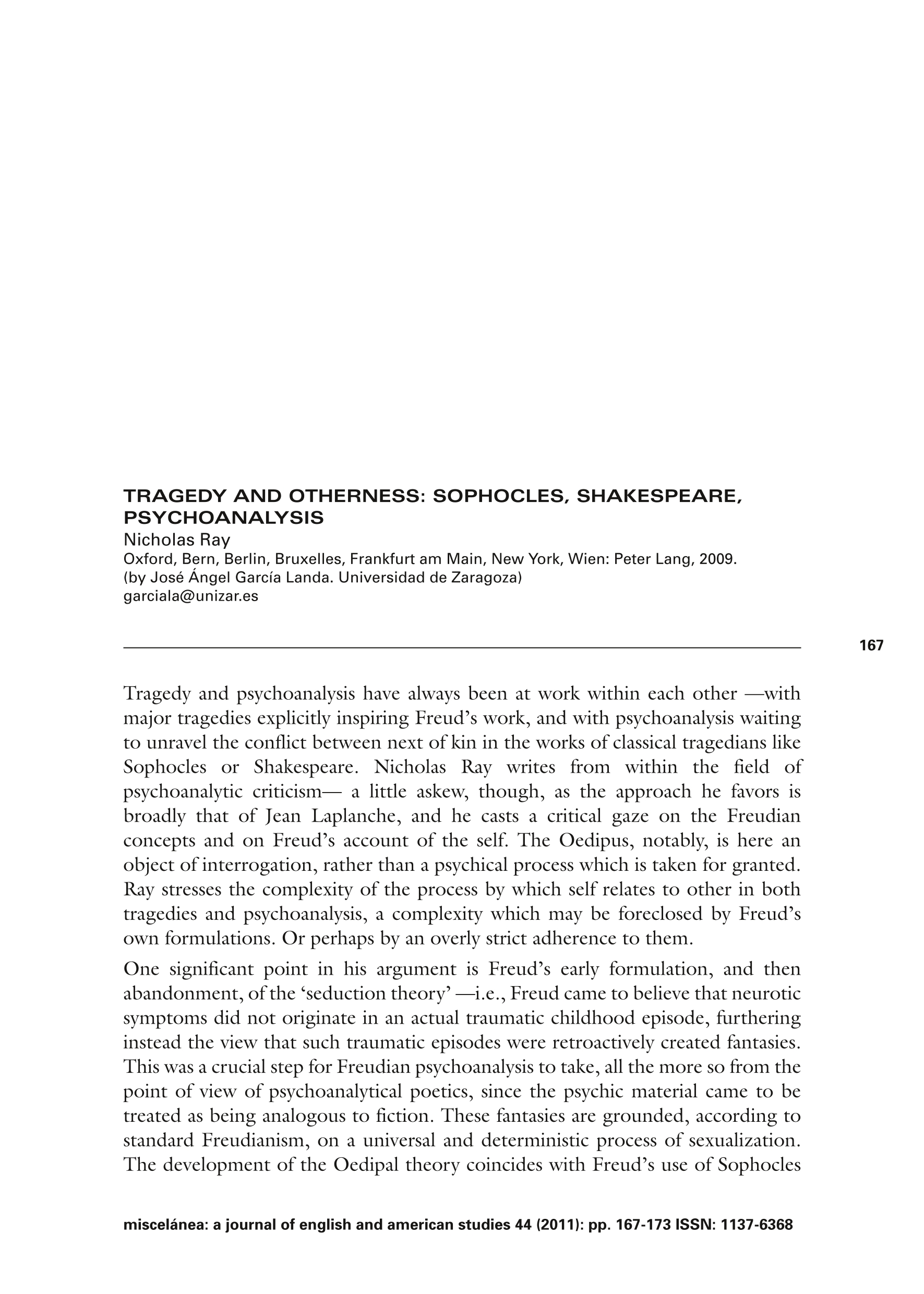 Review of Nicholas Ray's tragedy and otherness: Sophocles, Shakespeare, psychoanalysis