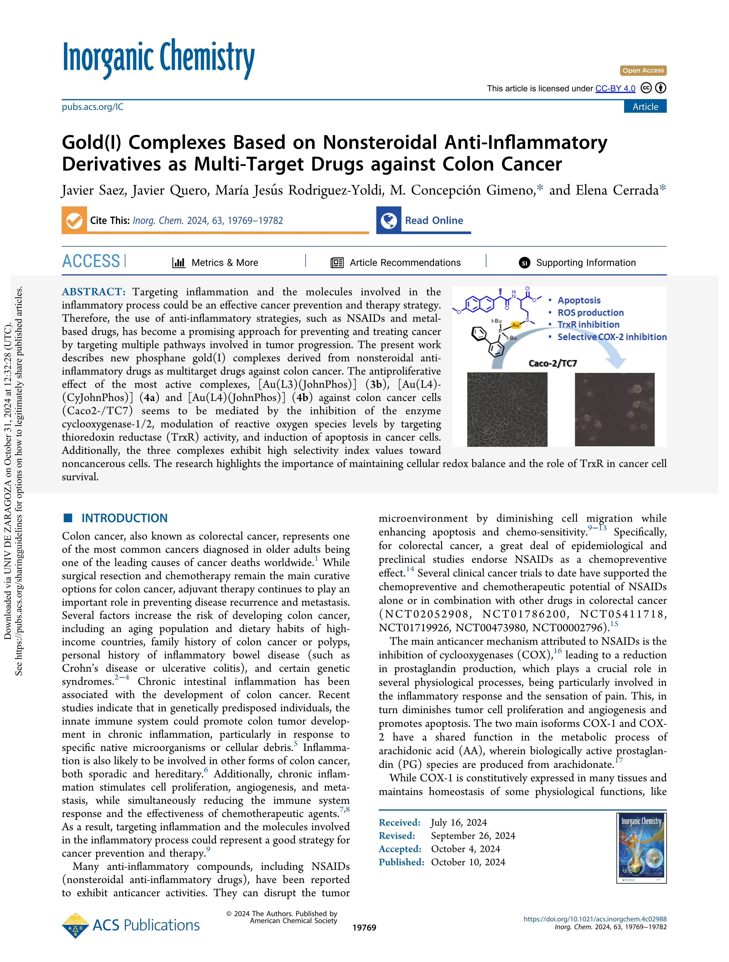 Gold(I) complexes based on nonsteroidal anti-inflammatory derivatives as multi-target drugs against colon cancer