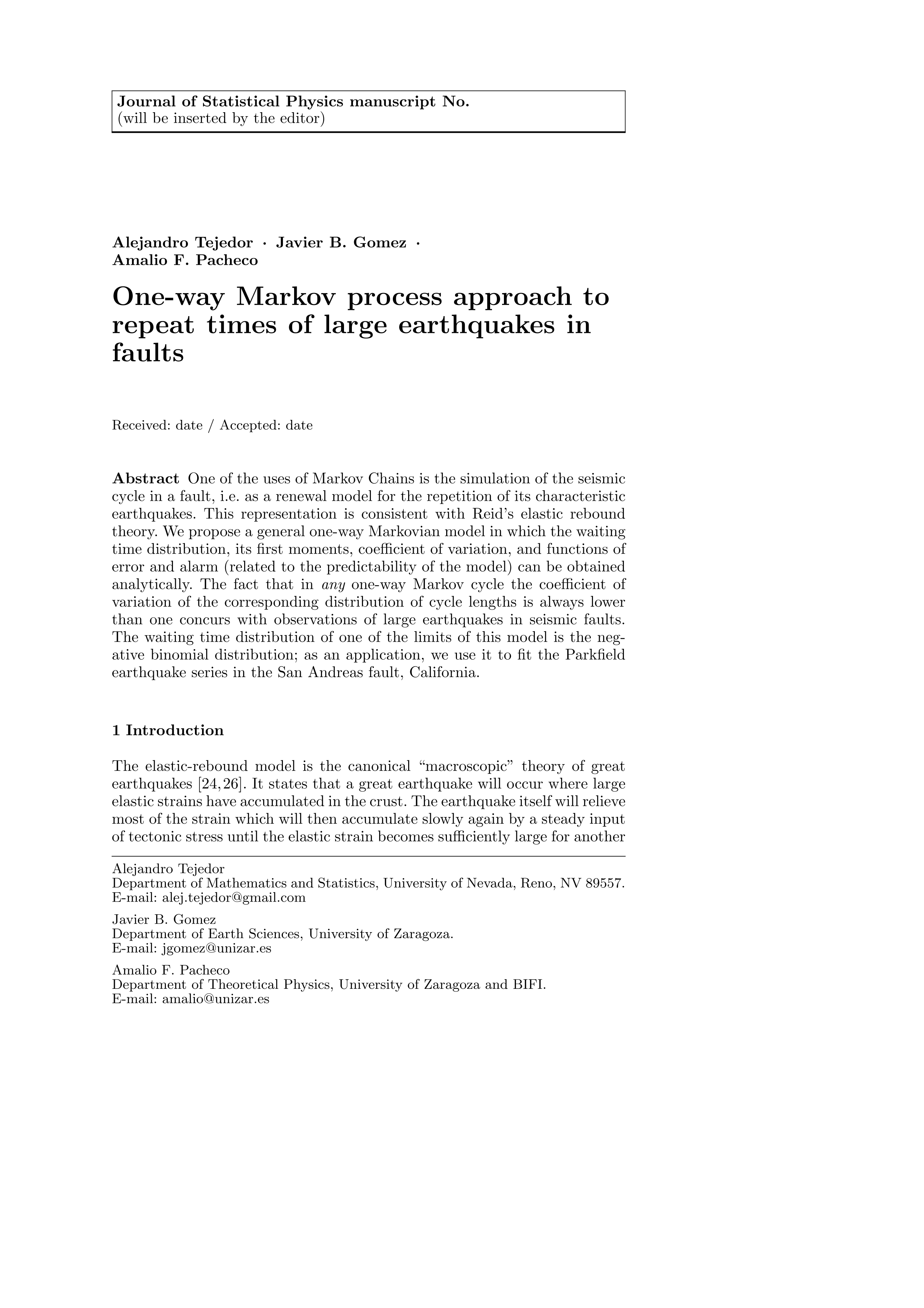 One-Way Markov Process Approach to Repeat Times of Large Earthquakes in Faults