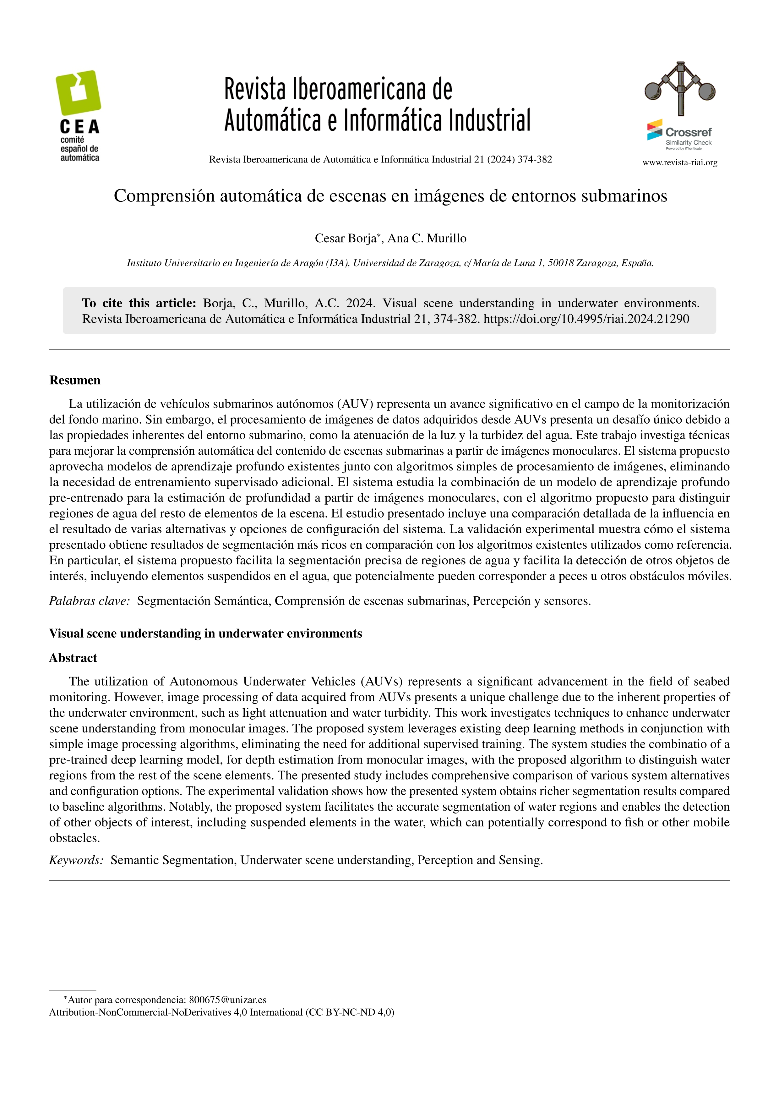 Comprensión automática de escenas en imágenes de entornos submarinos