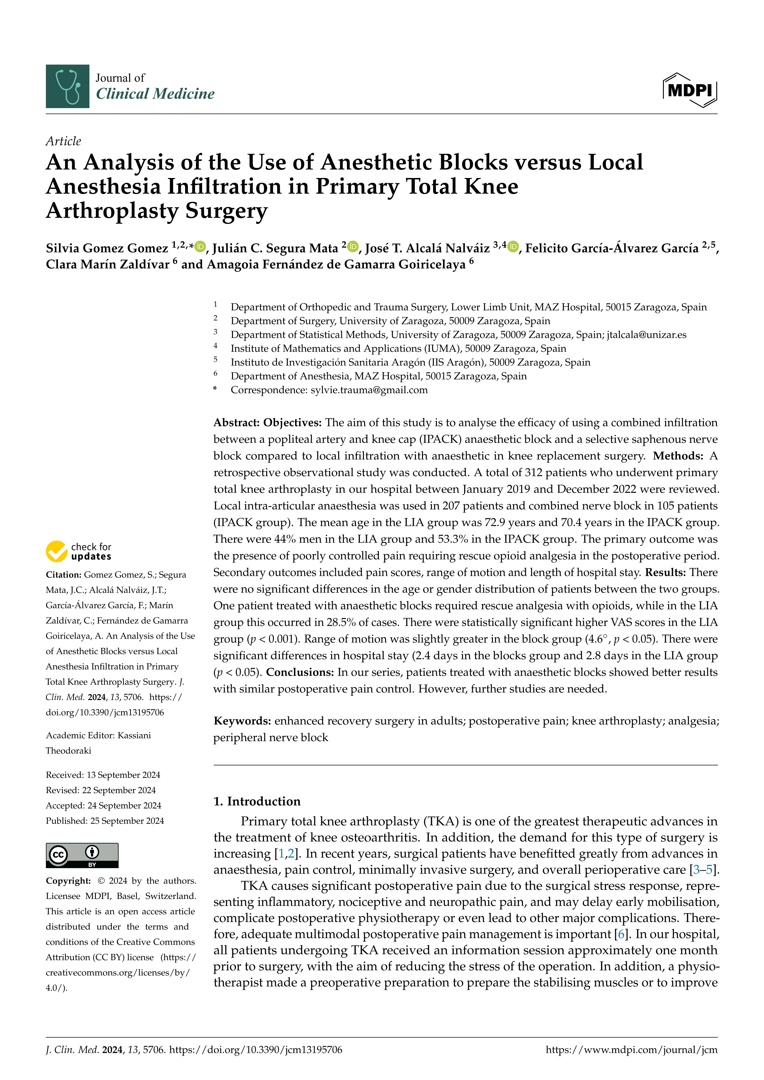 An analysis of the use of anesthetic blocks versus local anesthesia infiltration in primary total knee arthroplasty surgery