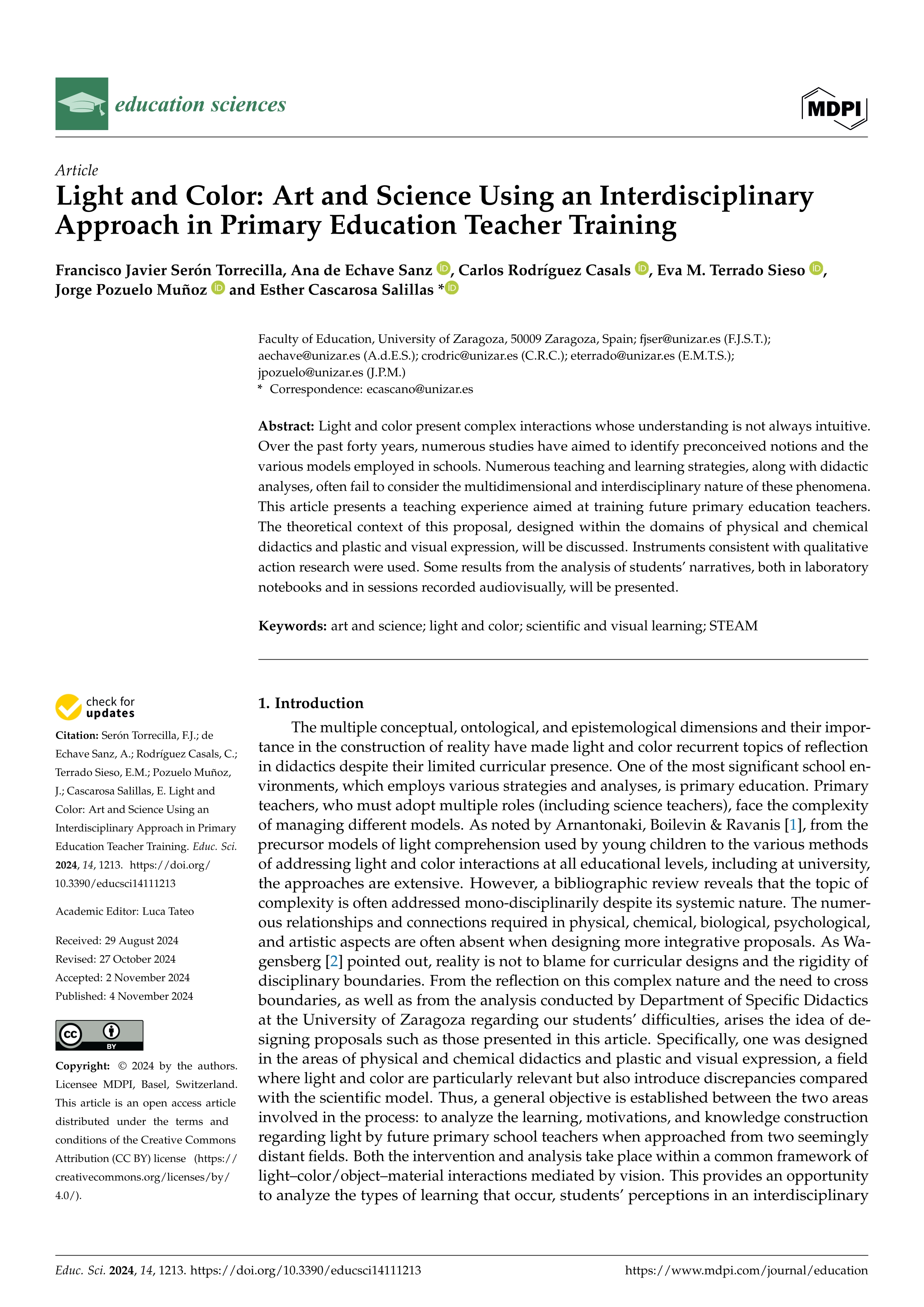 Light and color: art and science using an interdisciplinary approach in primary education teacher training