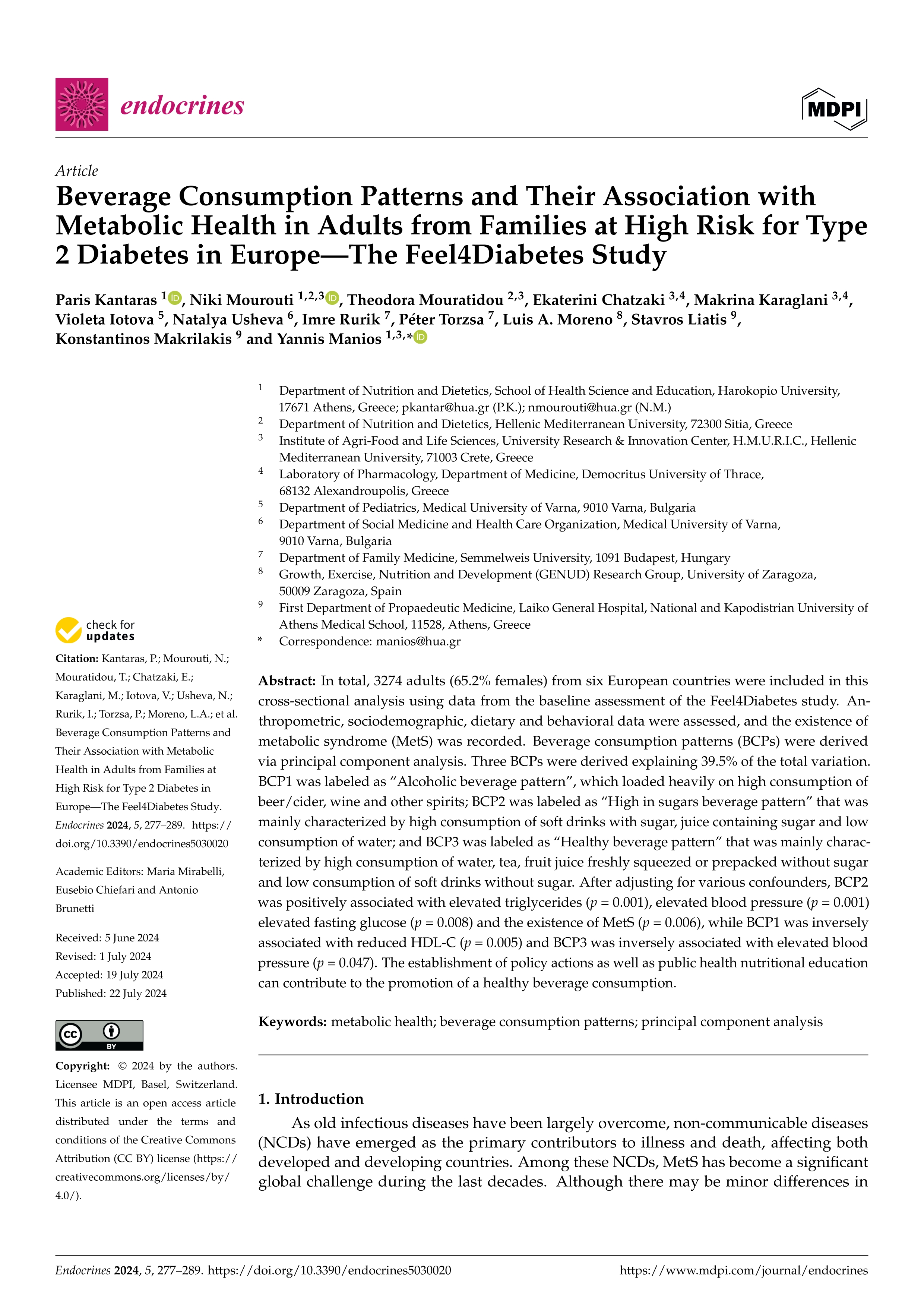 Beverage consumption patterns and their association with metabolic health in adults from families at high risk for type 2 diabetes in Europe—The Feel4Diabetes study