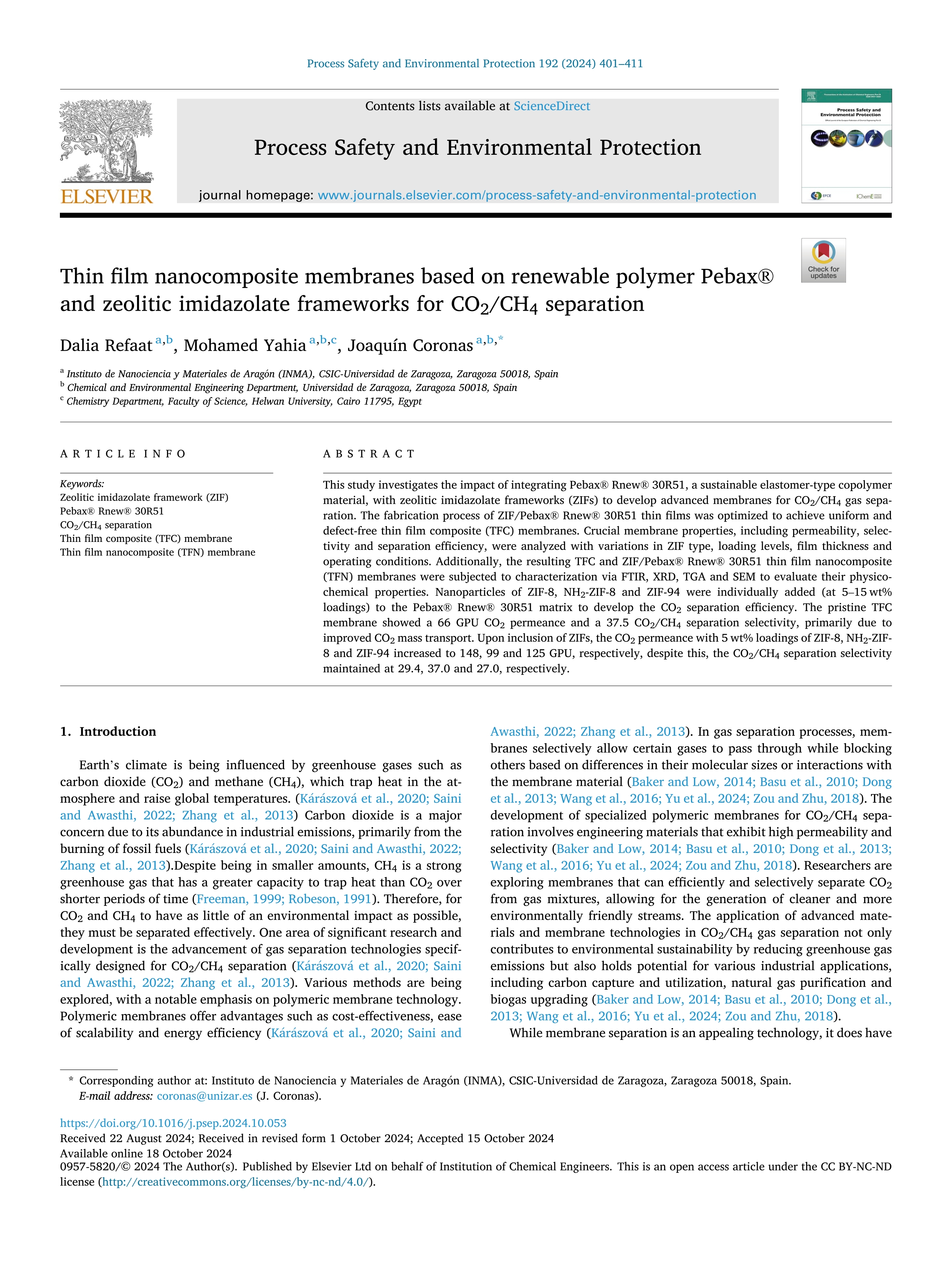 Thin film nanocomposite membranes based on renewable polymer Pebax® and zeolitic imidazolate frameworks for CO2/CH4 separation