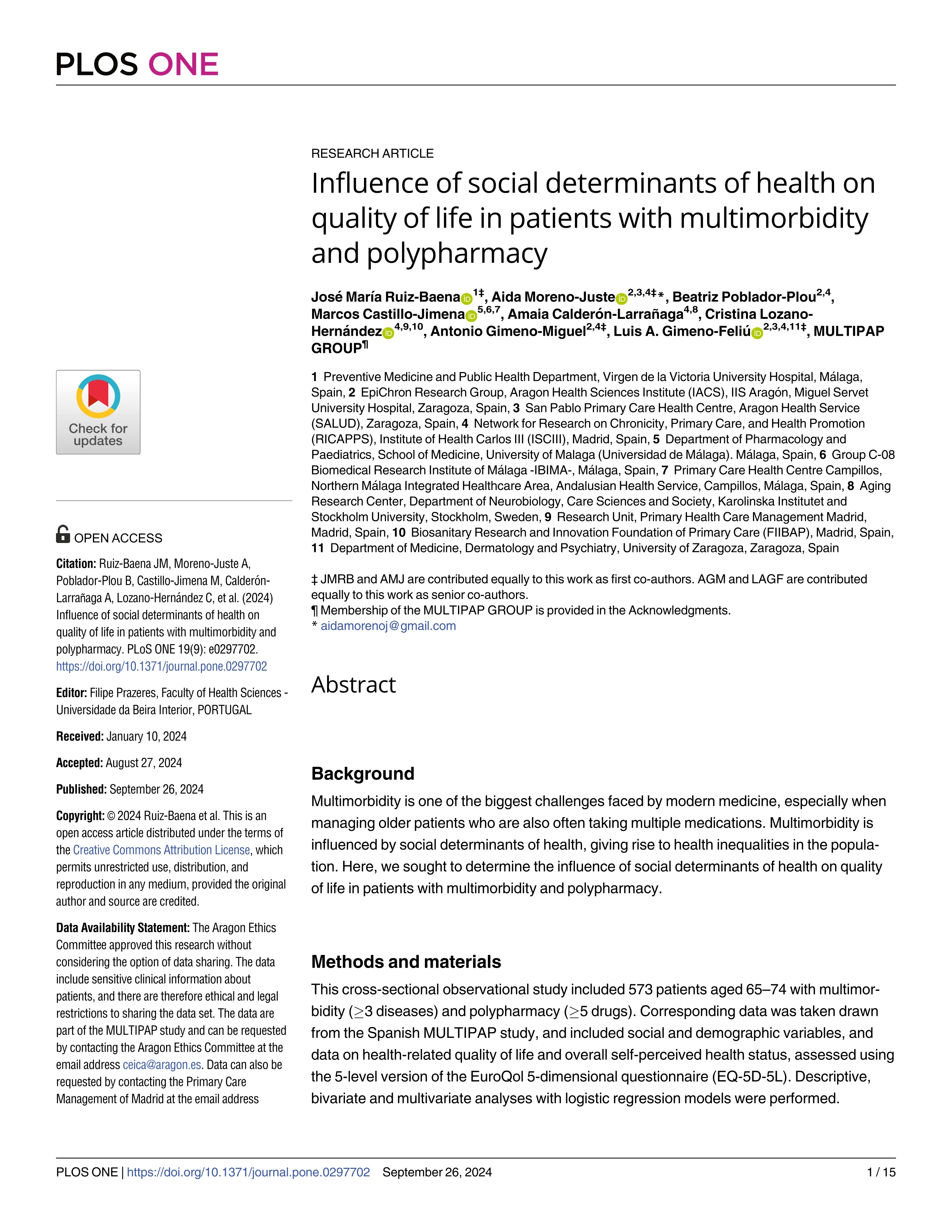 Influence of social determinants of health on quality of life in patients with multimorbidity and polypharmacy