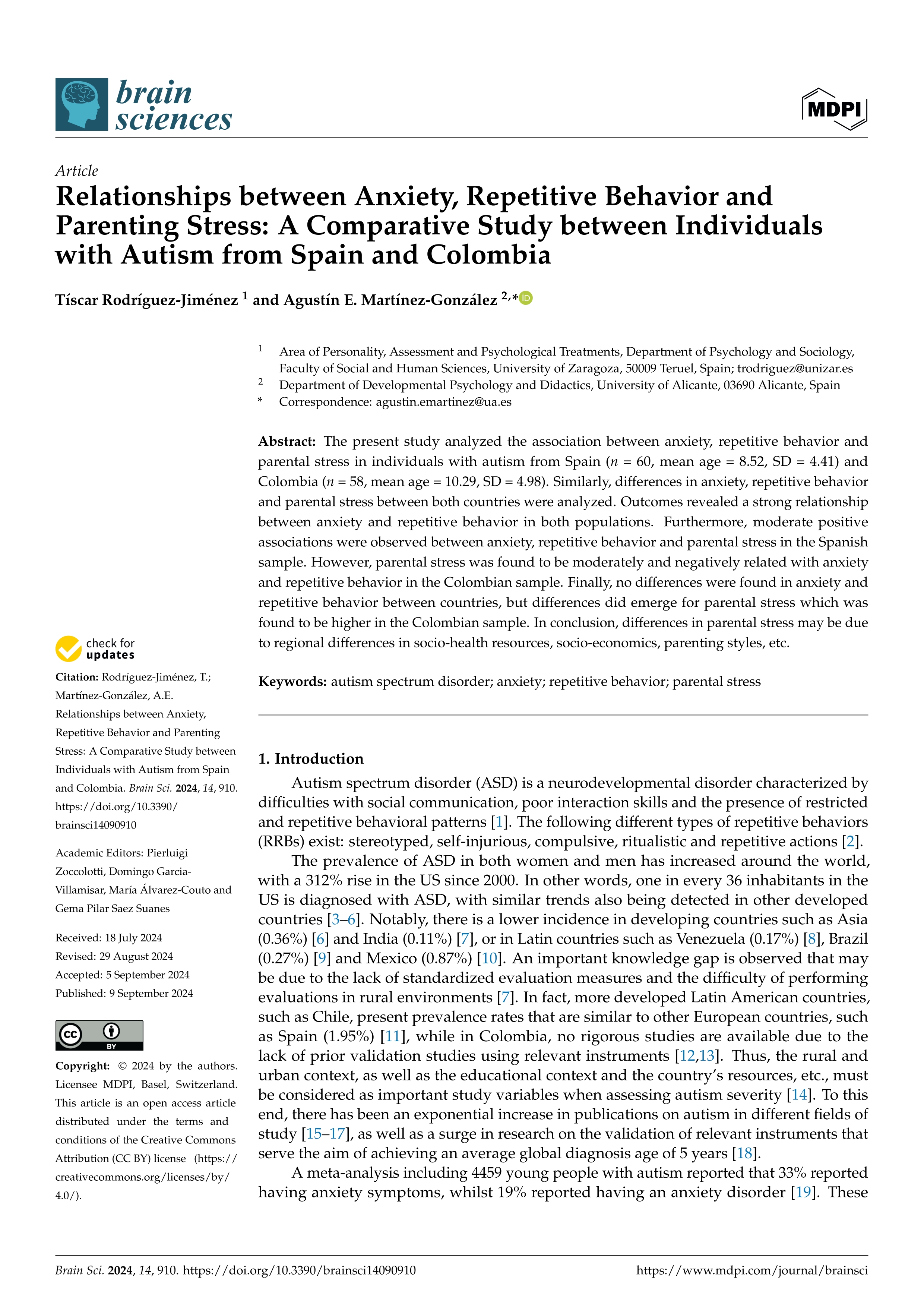 Relationships between anxiety, repetitive behavior and parenting stress: A comparative study between Individuals with autism from Spain and Colombia