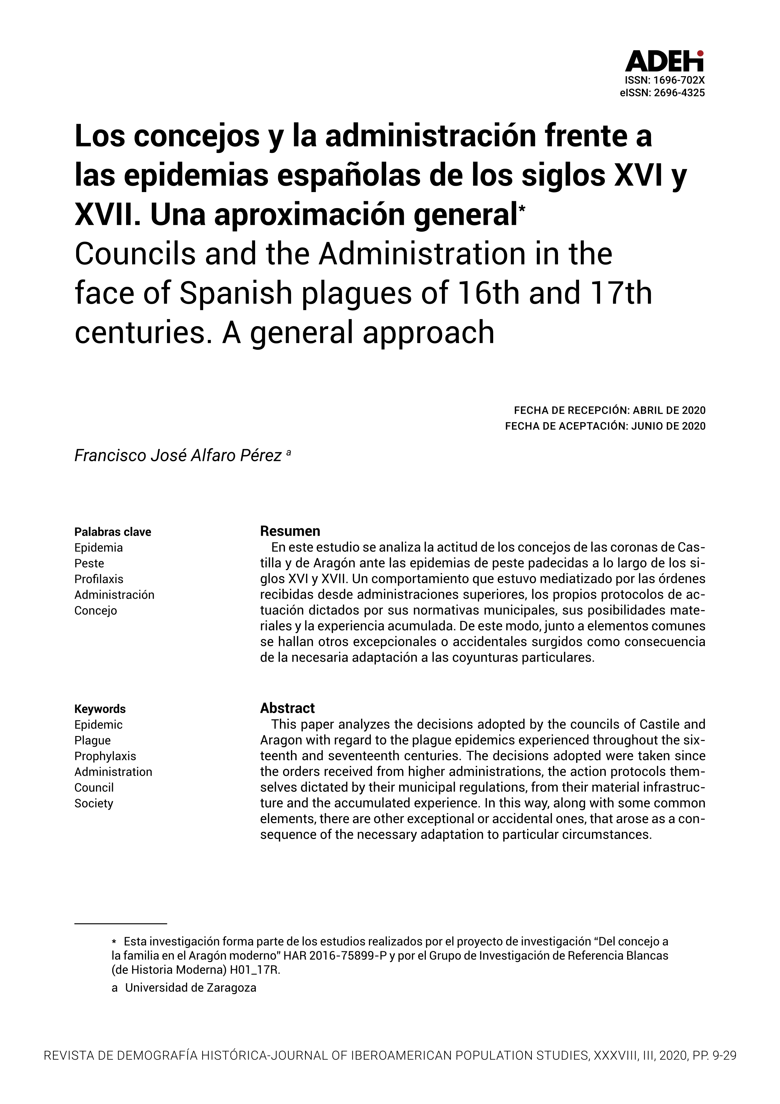 Los concejos y la administración frente a las epidemias españolas de los siglos XVI y XVII. Una aproximación general