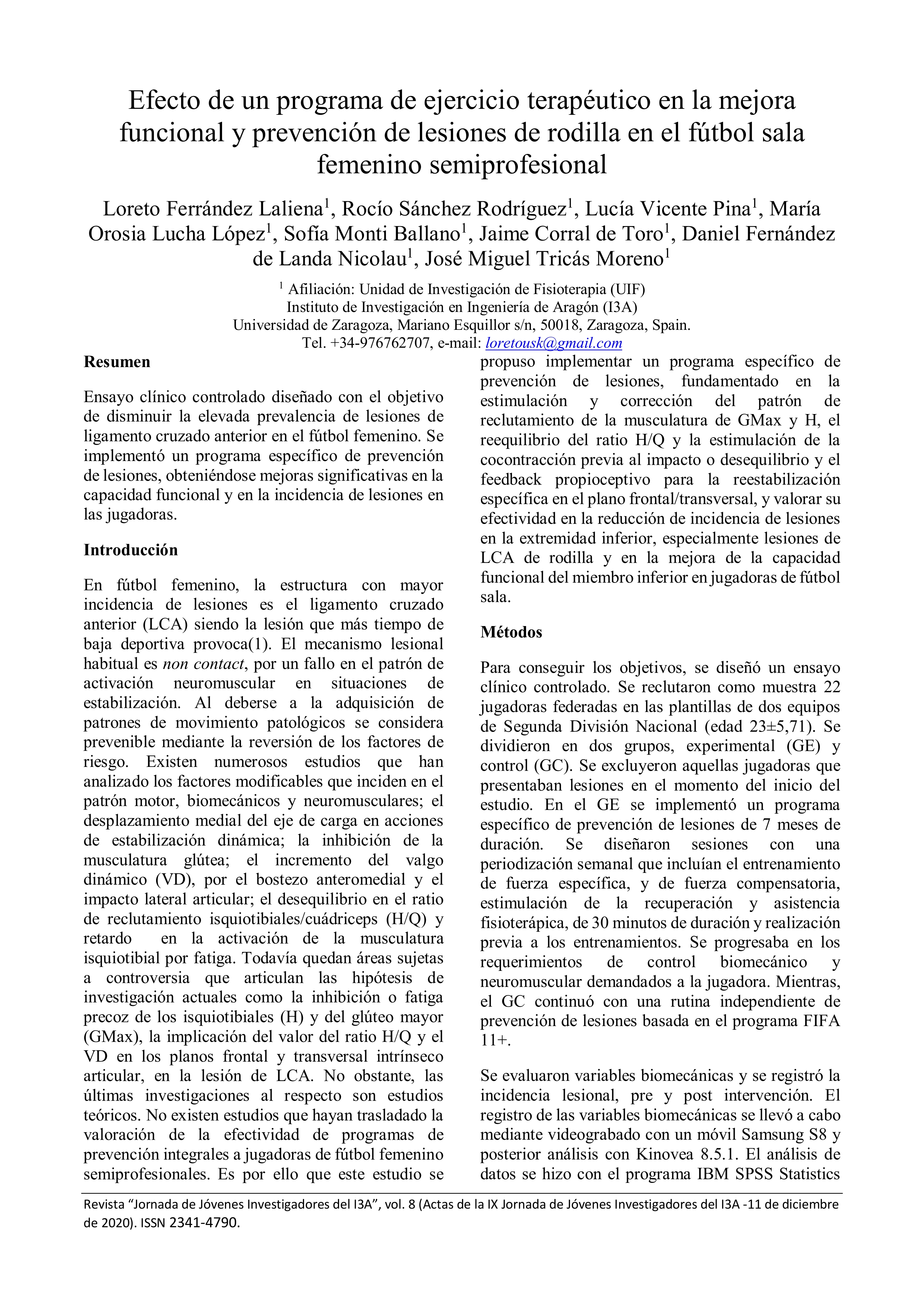 Efecto de un programa de ejercicio terapéutico en la mejora funcional y prevención de lesiones de rodilla en el fútbol sala femenino semiprofesional