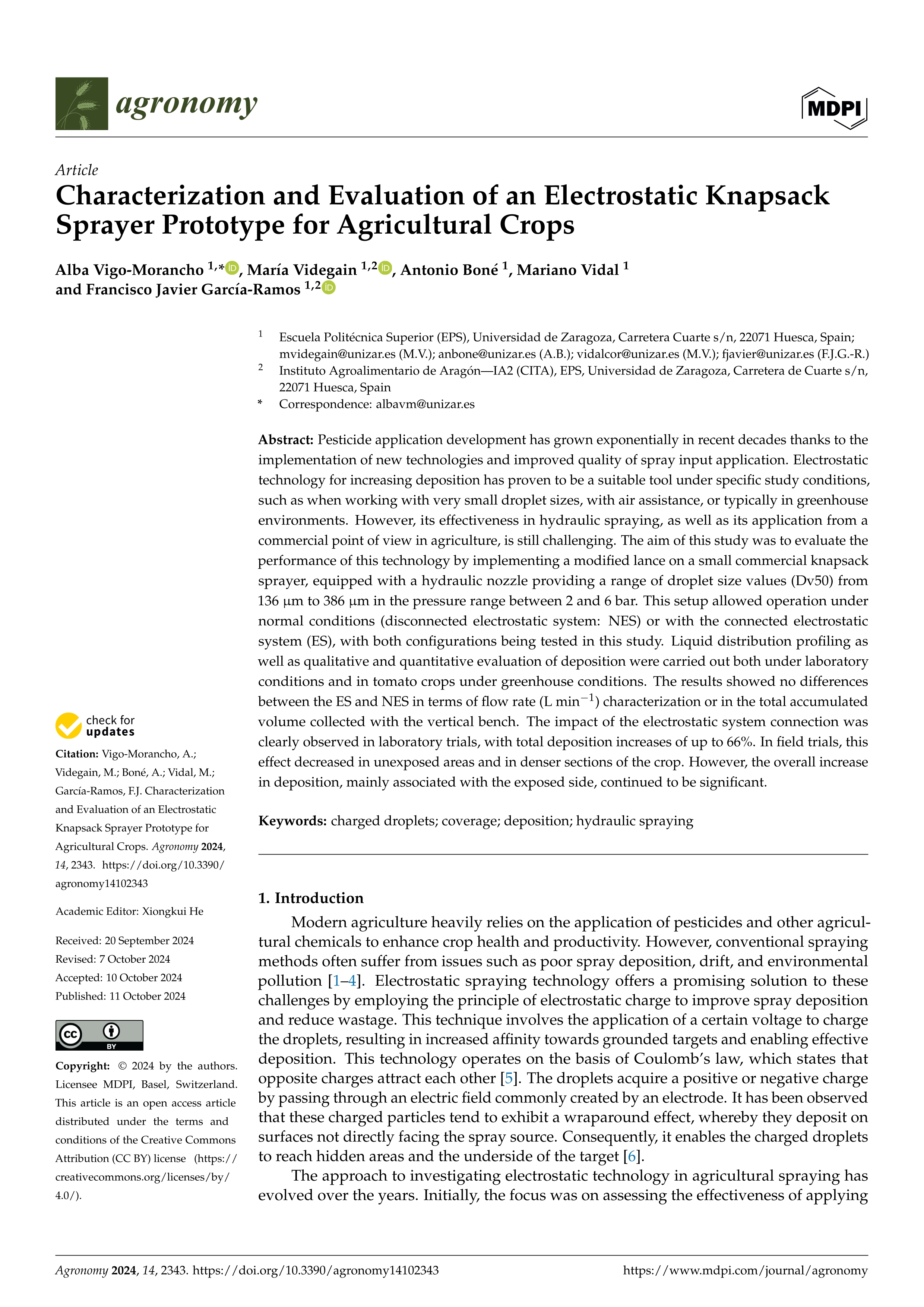 Characterization and Evaluation of an Electrostatic Knapsack Sprayer Prototype for Agricultural Crops