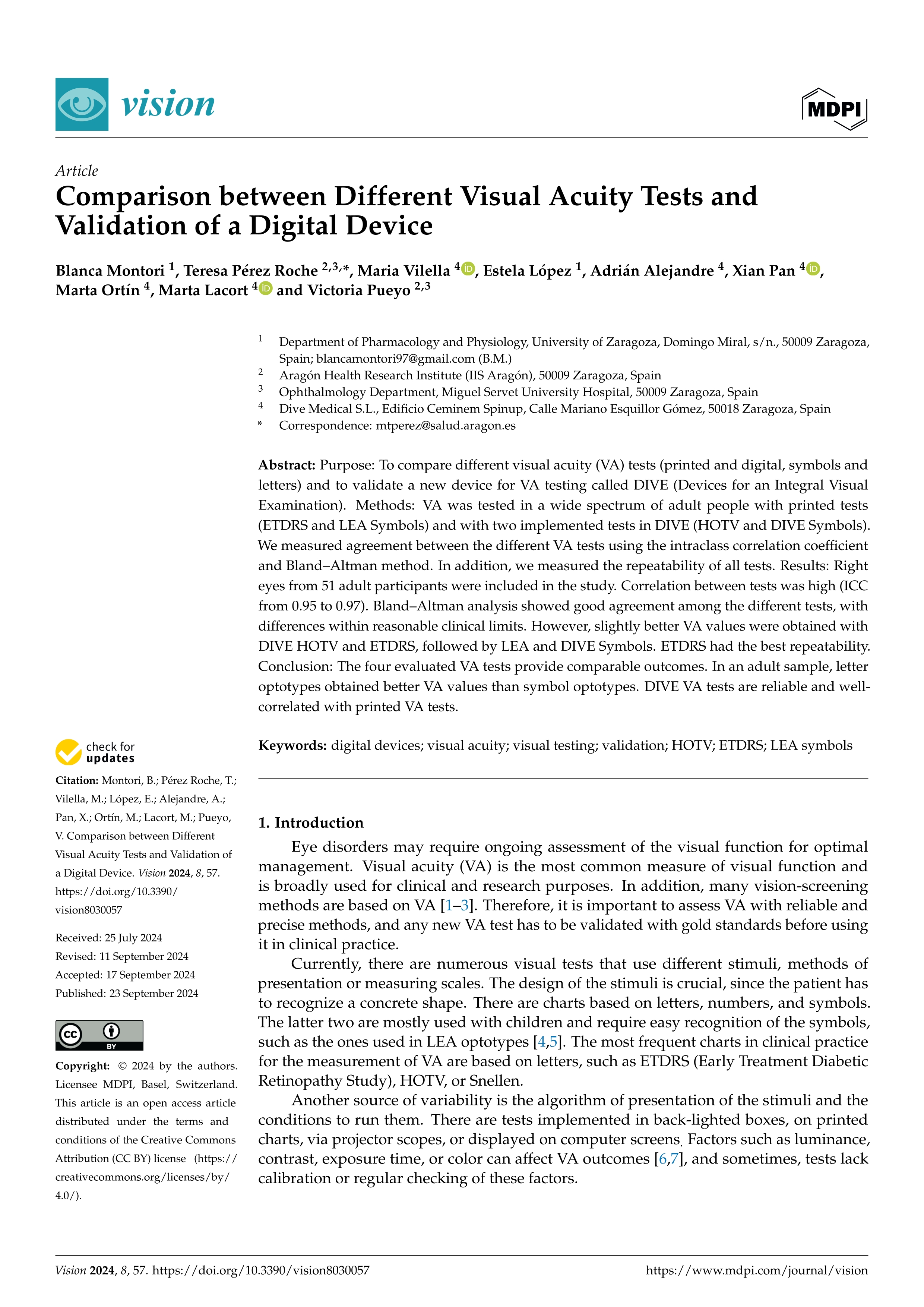 Comparison between different visual acuity tests and validation of a digital device