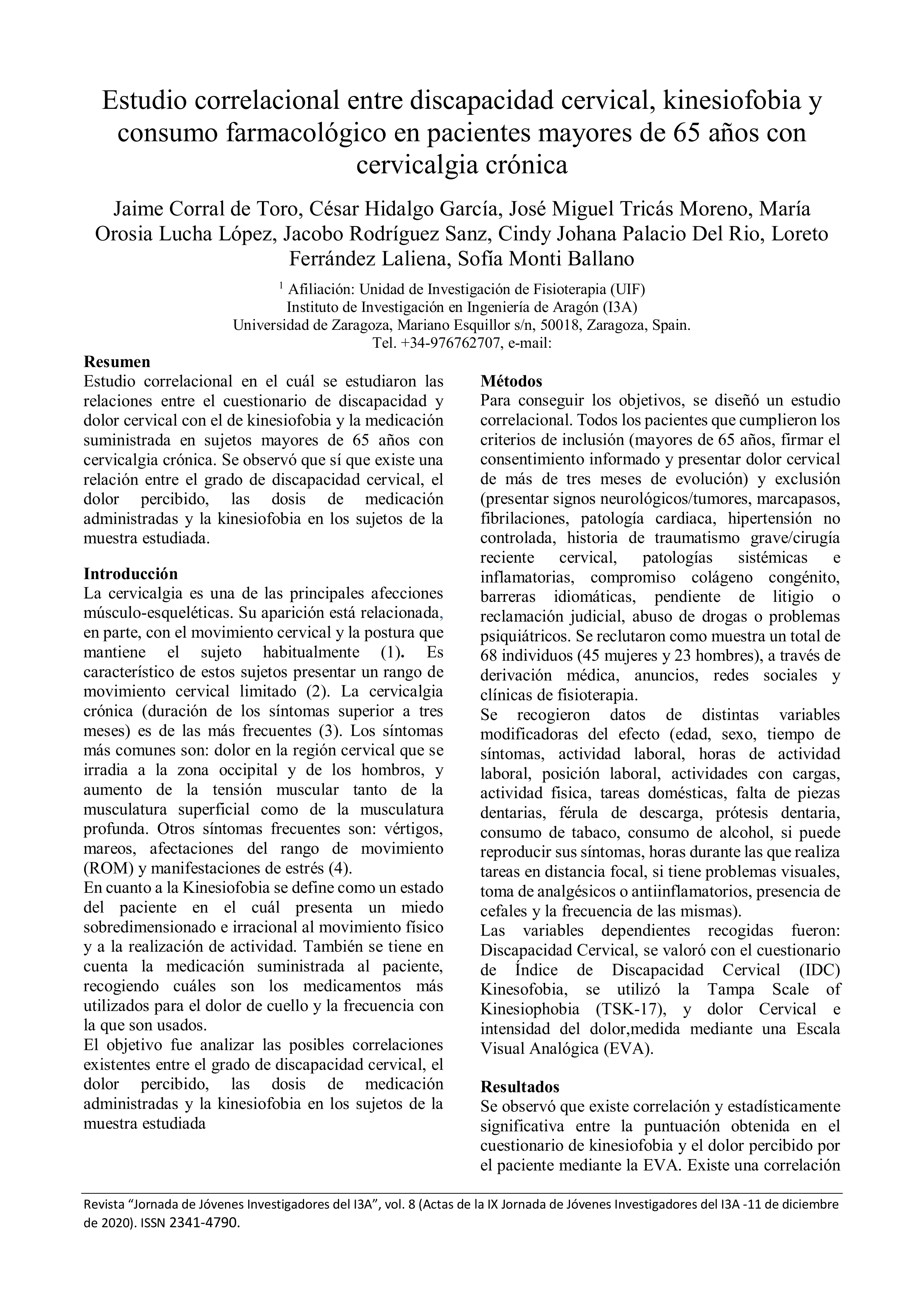 Estudio correlacional entre discapacidad cervical, kinesiofobia y consumo farmacológico en pacientes mayores de 65 años con cervicalgia crónica