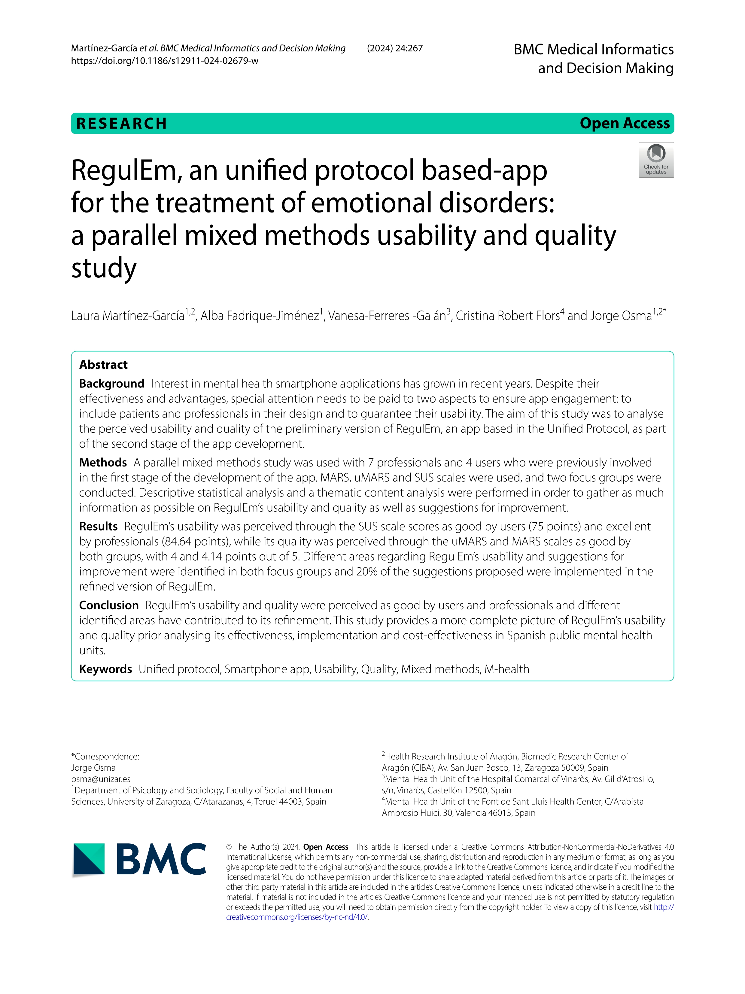 RegulEm, an unified protocol based-app for the treatment of emotional disorders: a parallel mixed methods usability and quality study