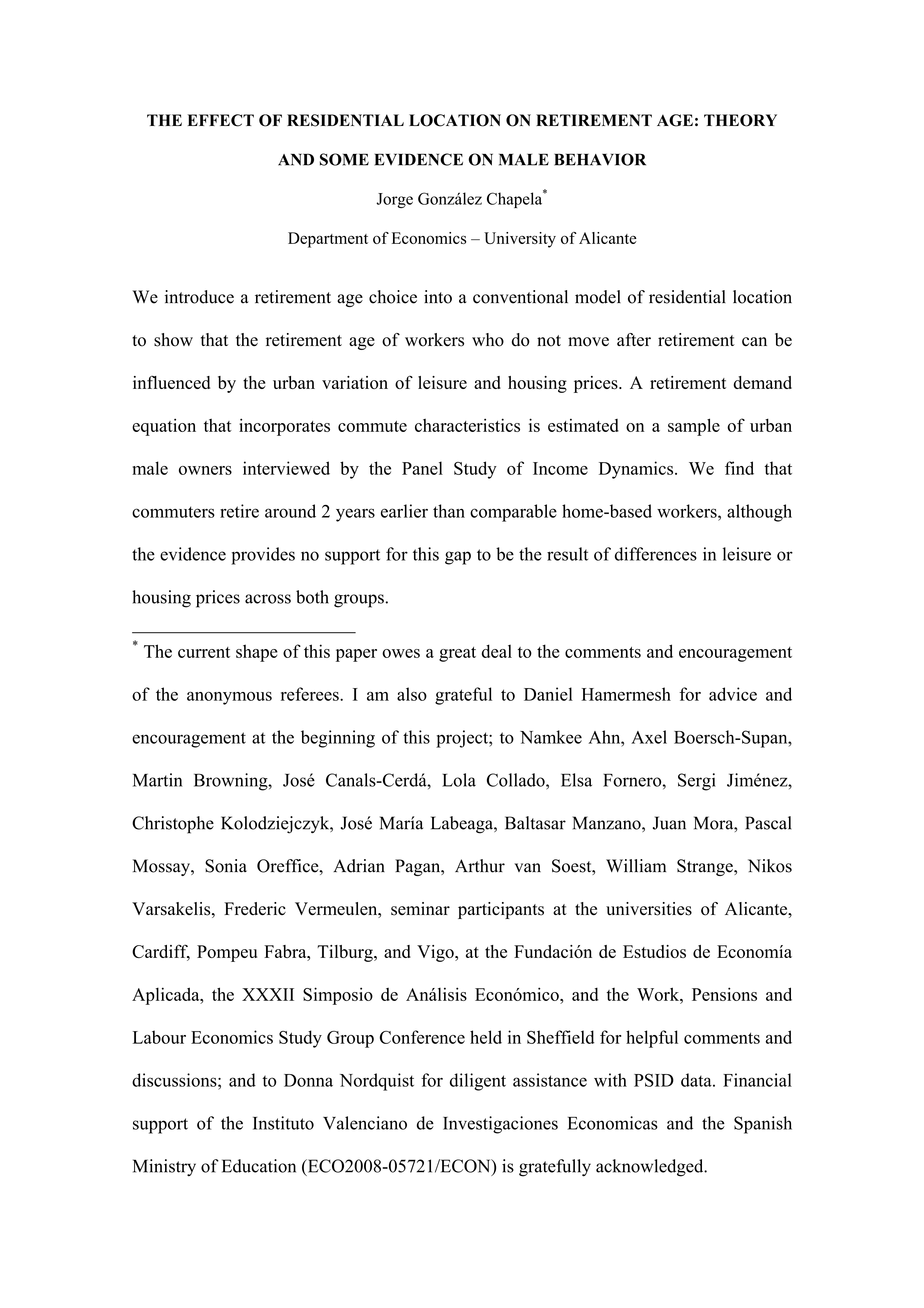 The Effect of Residential Location on Retirement Age: Theory and Some Evidence on Male Behaviour in the US