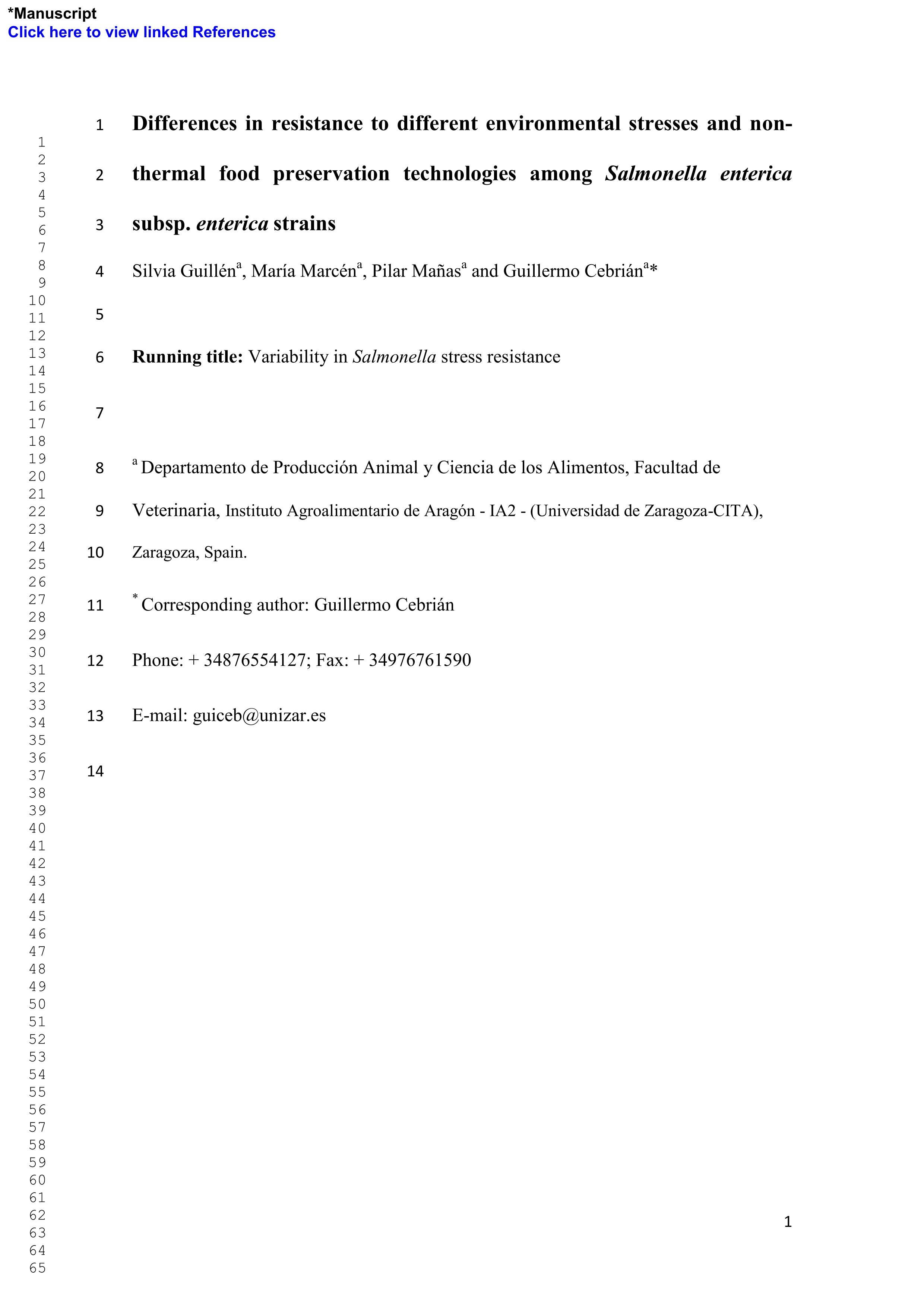 Differences in resistance to different environmental stresses and non-thermal food preservation technologies among Salmonella enterica subsp. enterica strains