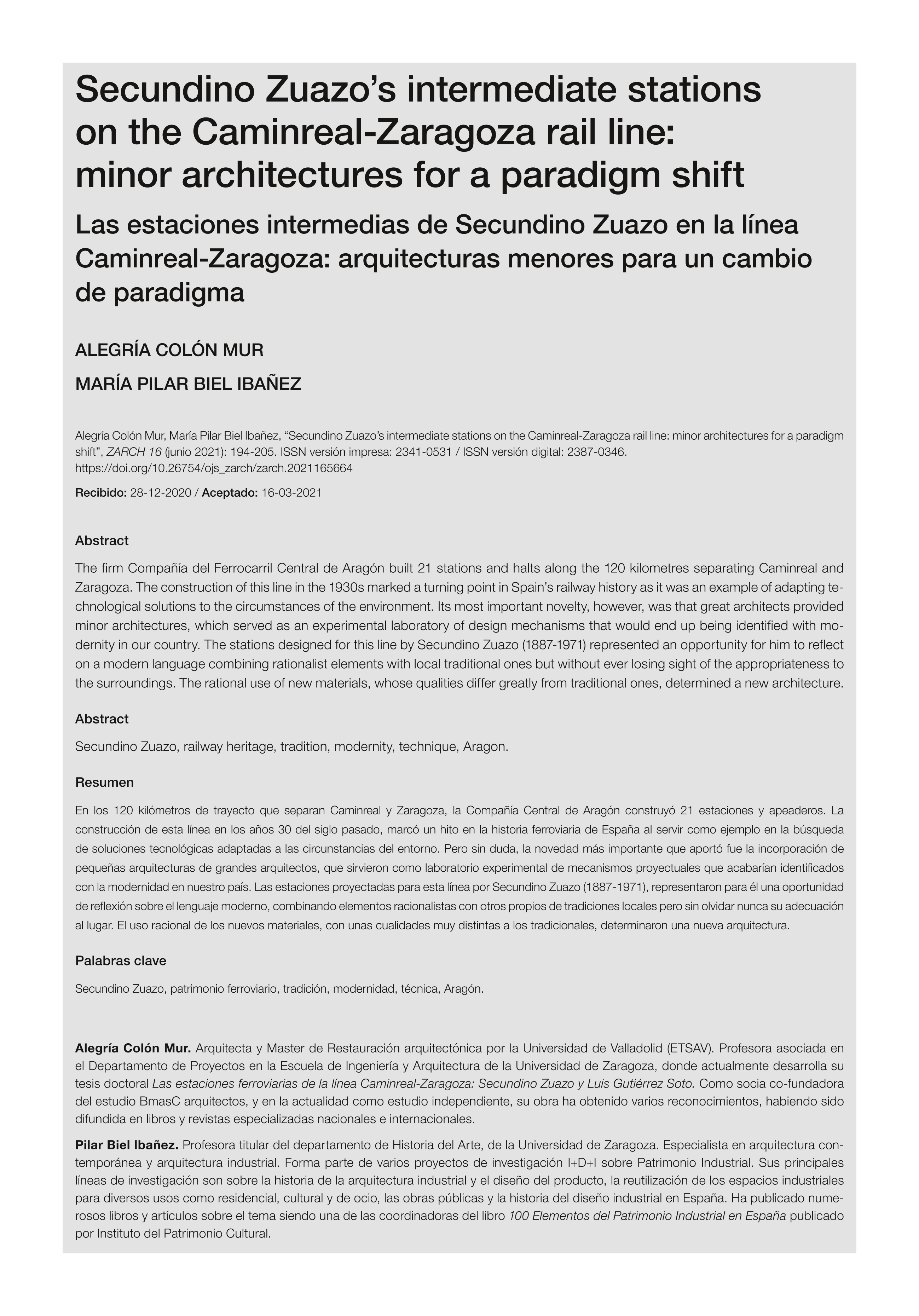 Secundino Zuazo''s intermediate stations on the Caminreal-Zaragoza rail line: Minor architectures for a paradigm shift