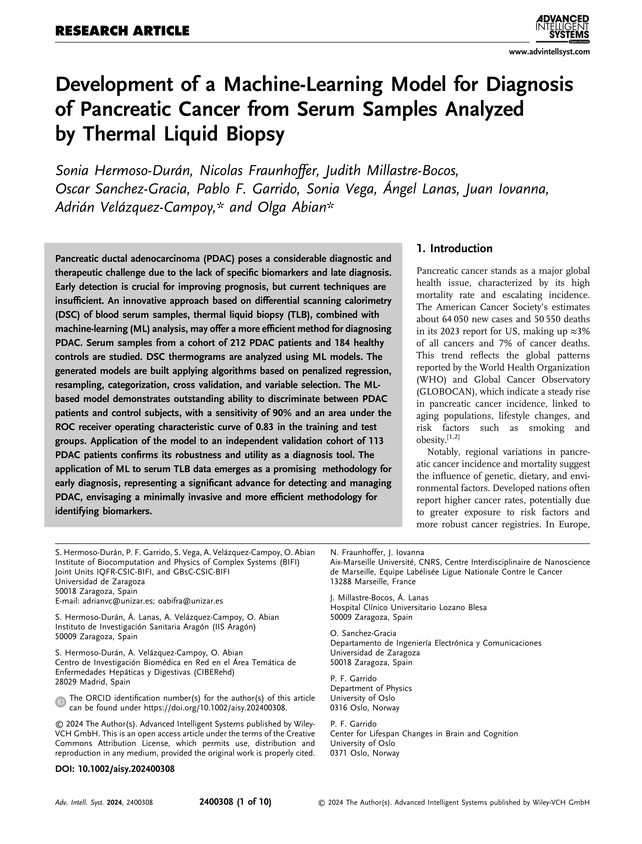 Development of a Machine-Learning Model for Diagnosis of Pancreatic Cancer from Serum Samples Analyzed by Thermal Liquid Biopsy