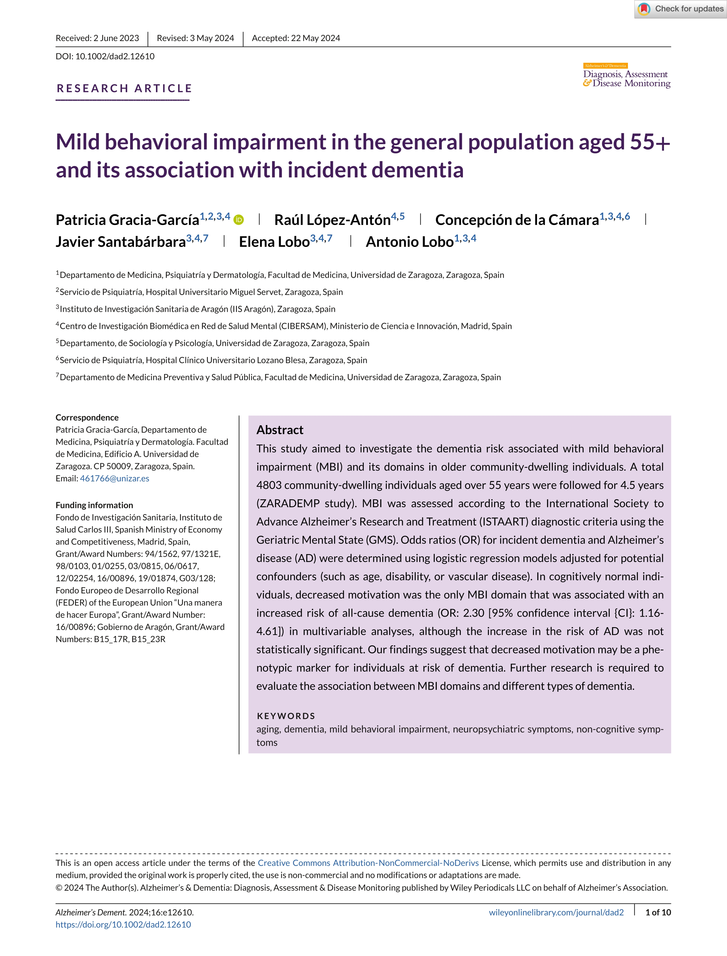 Mild behavioral impairment in the general population aged 55+ and its association with incident dementia