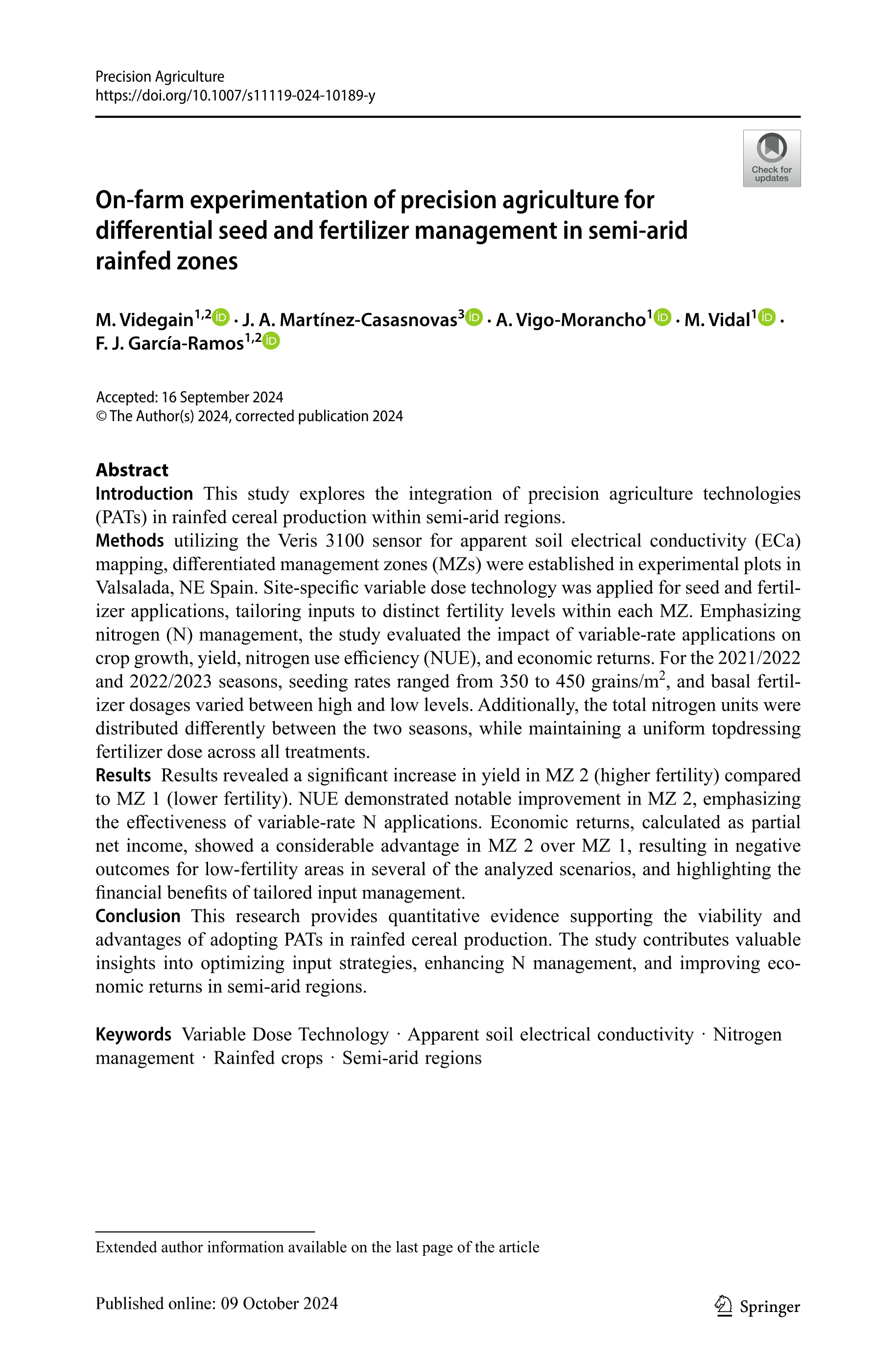 On-farm experimentation of precision agriculture for differential seed and fertilizer management in semi-arid rainfed zones