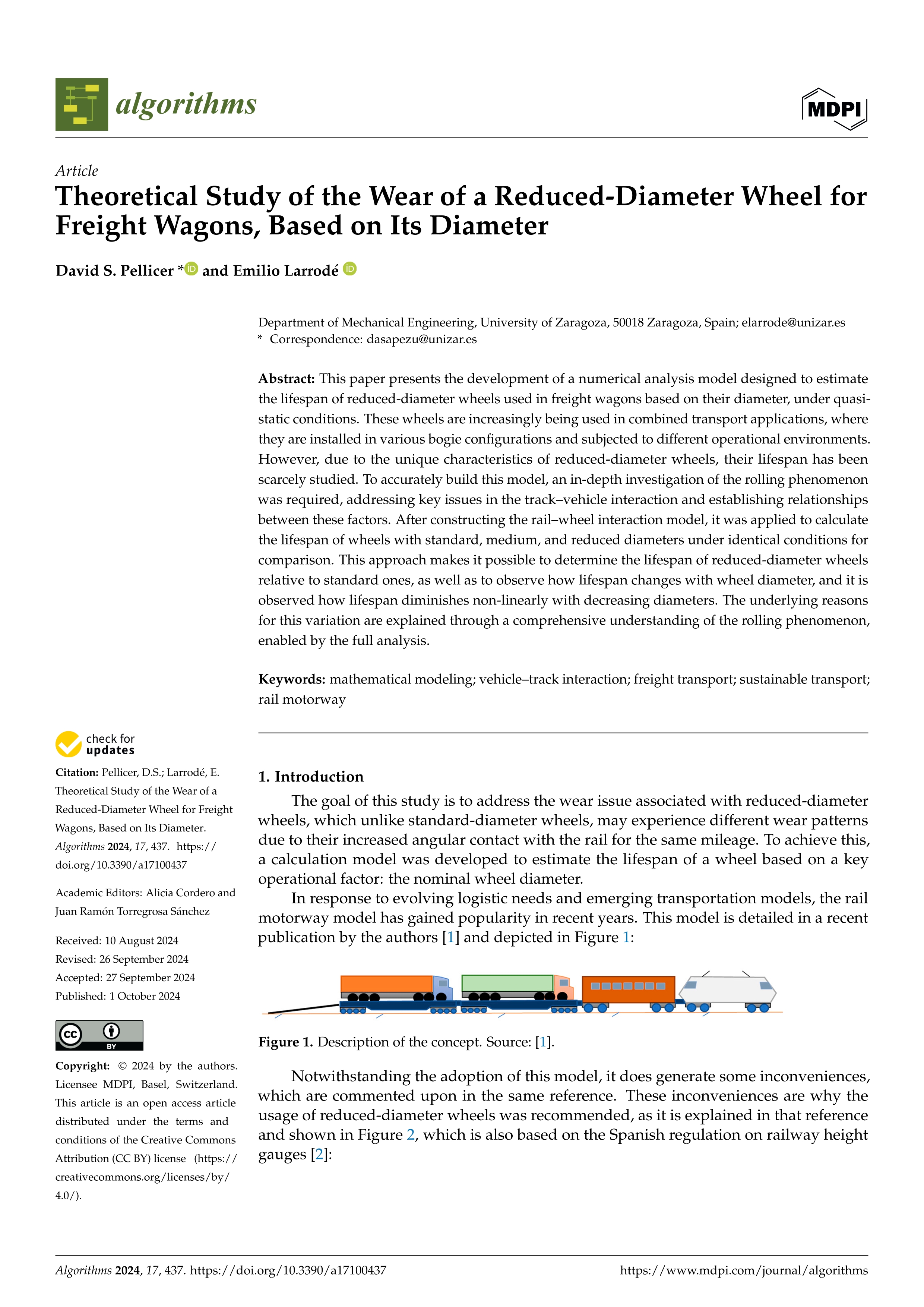 Theoretical study of the wear of a reduced-diameter wheel for freight wagons, based on its diameter