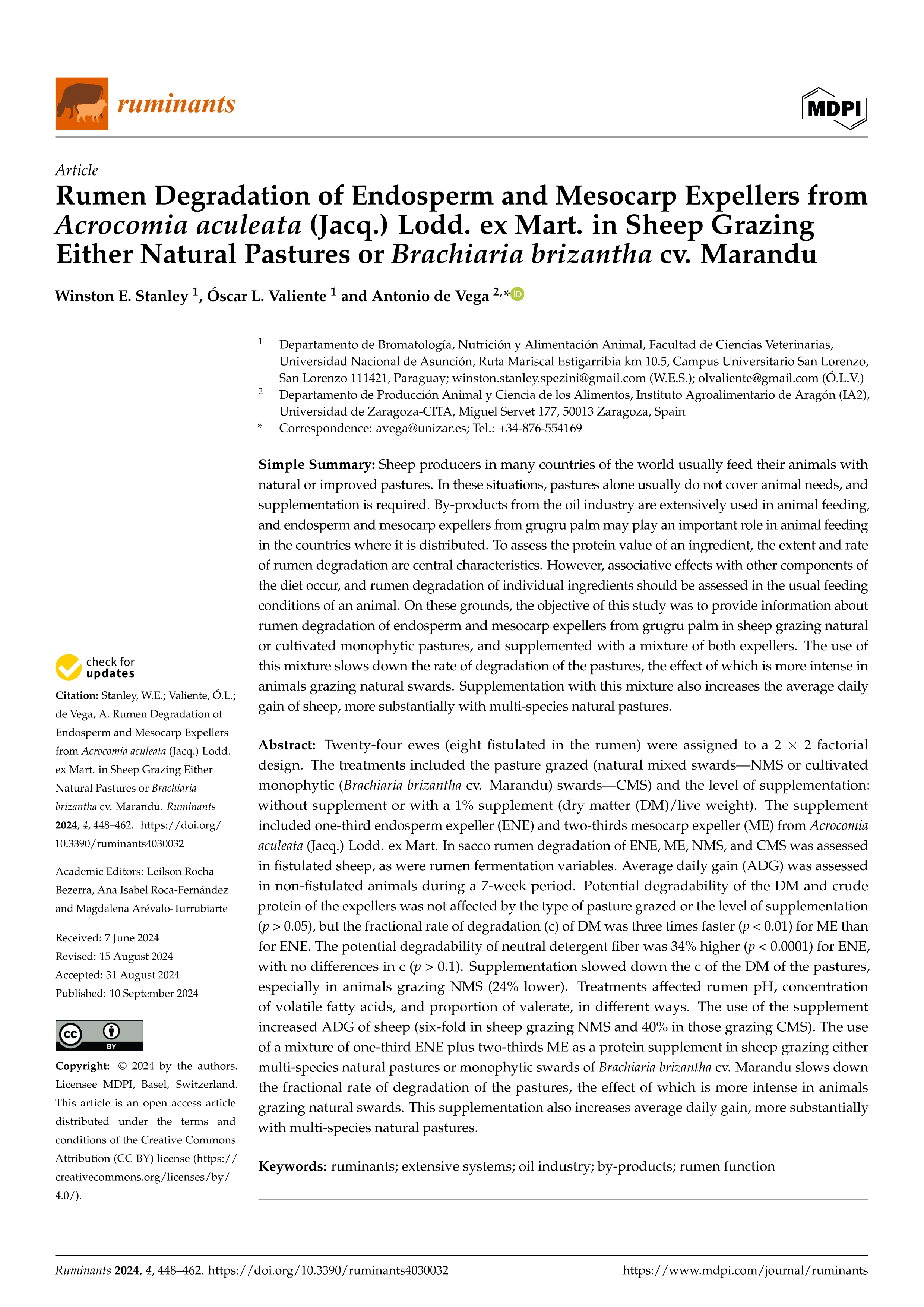 Rumen Degradation of Endosperm and Mesocarp Expellers from Acrocomia aculeata (Jacq.) Lodd. ex Mart. in Sheep Grazing Either Natural Pastures or Brachiaria brizantha cv. Marandu