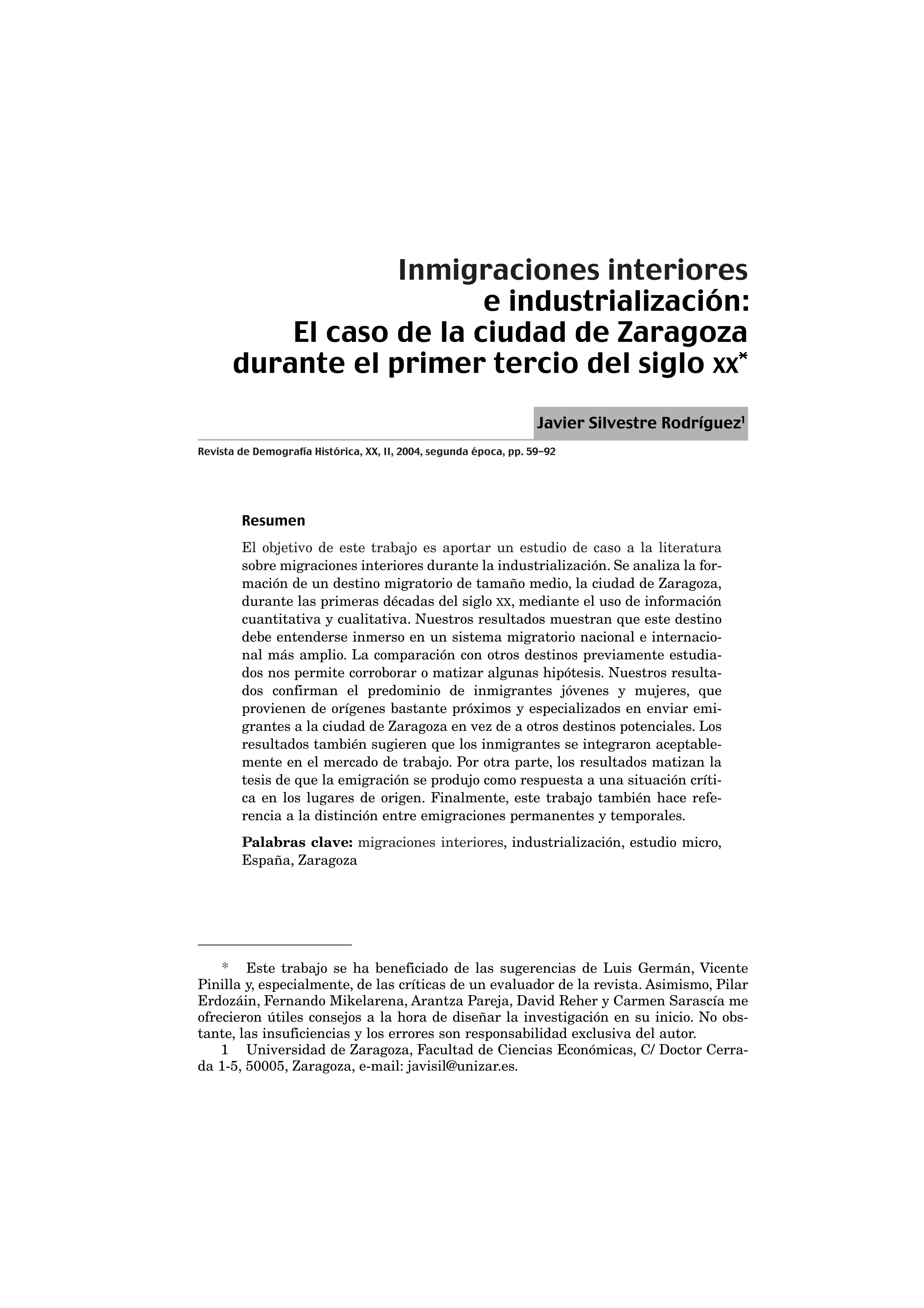 Inmigraciones interiores e industrialización: el caso de la ciudad de Zaragoza durante el primer tercio del siglo XX