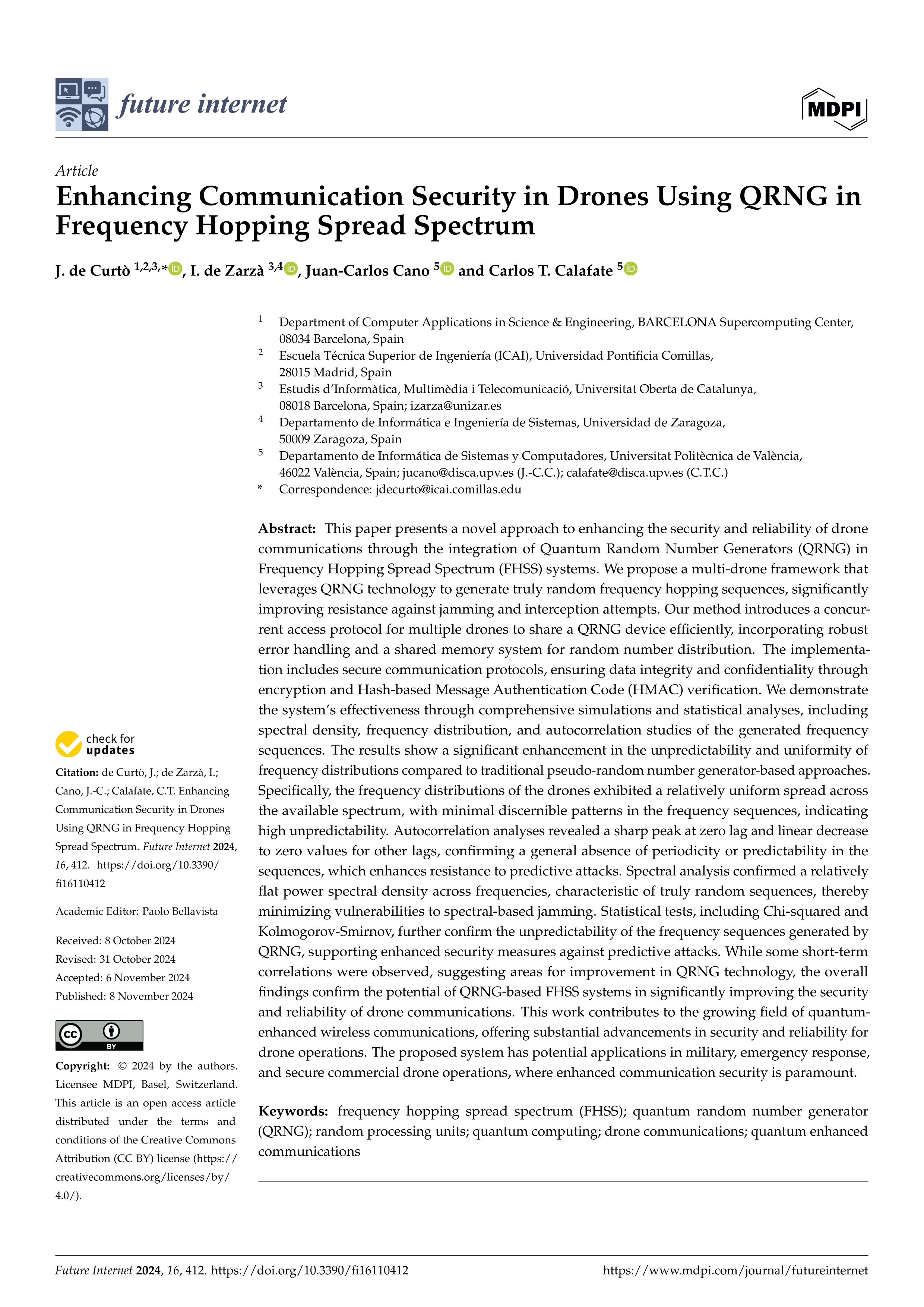 Enhancing communication security in drones using QRNG in frequency hopping spread spectrum