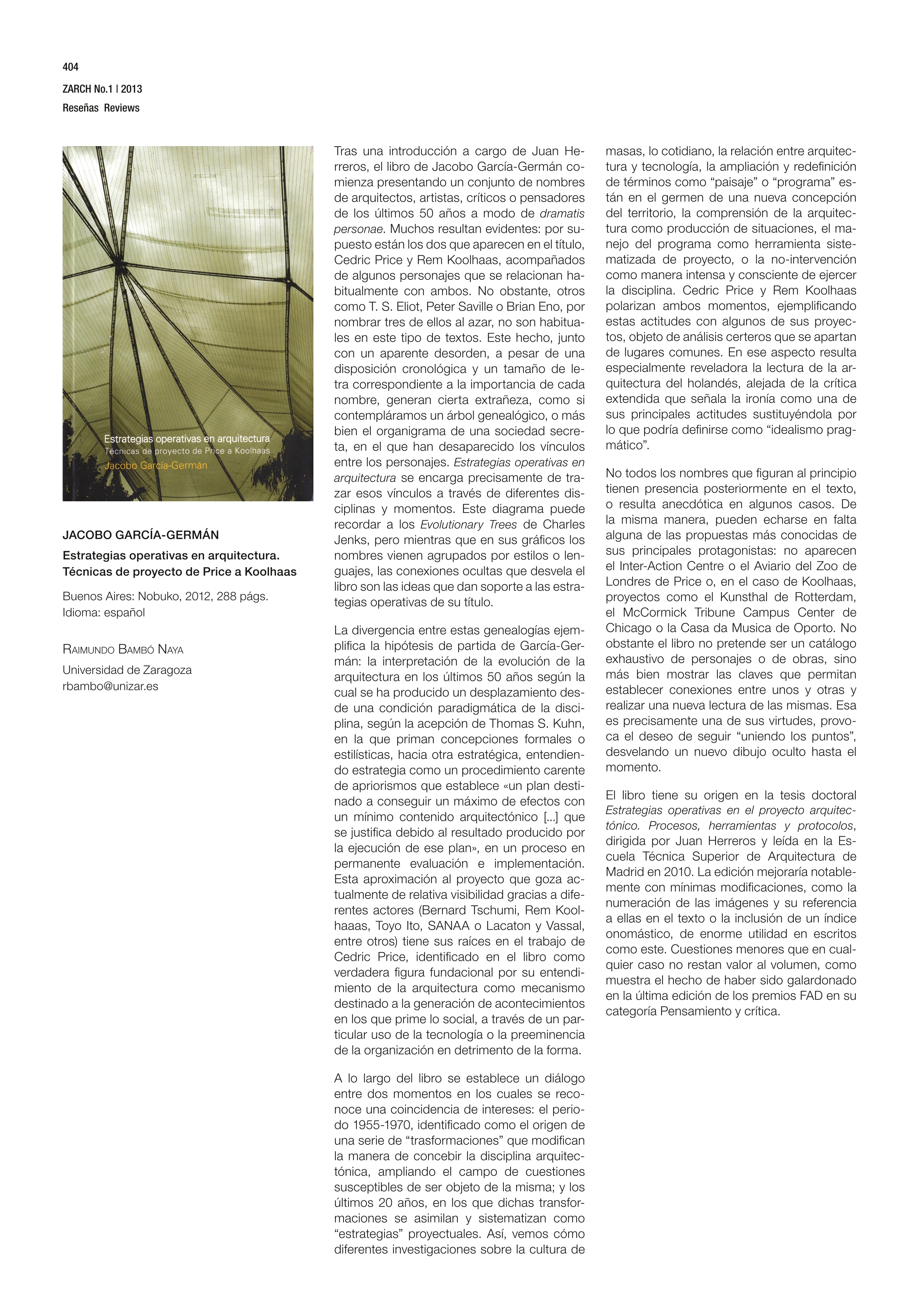 Estrategias operativas en arquitectura. Técnicas de proyecto de Price a Koolhaas. Jacobo García-Germán