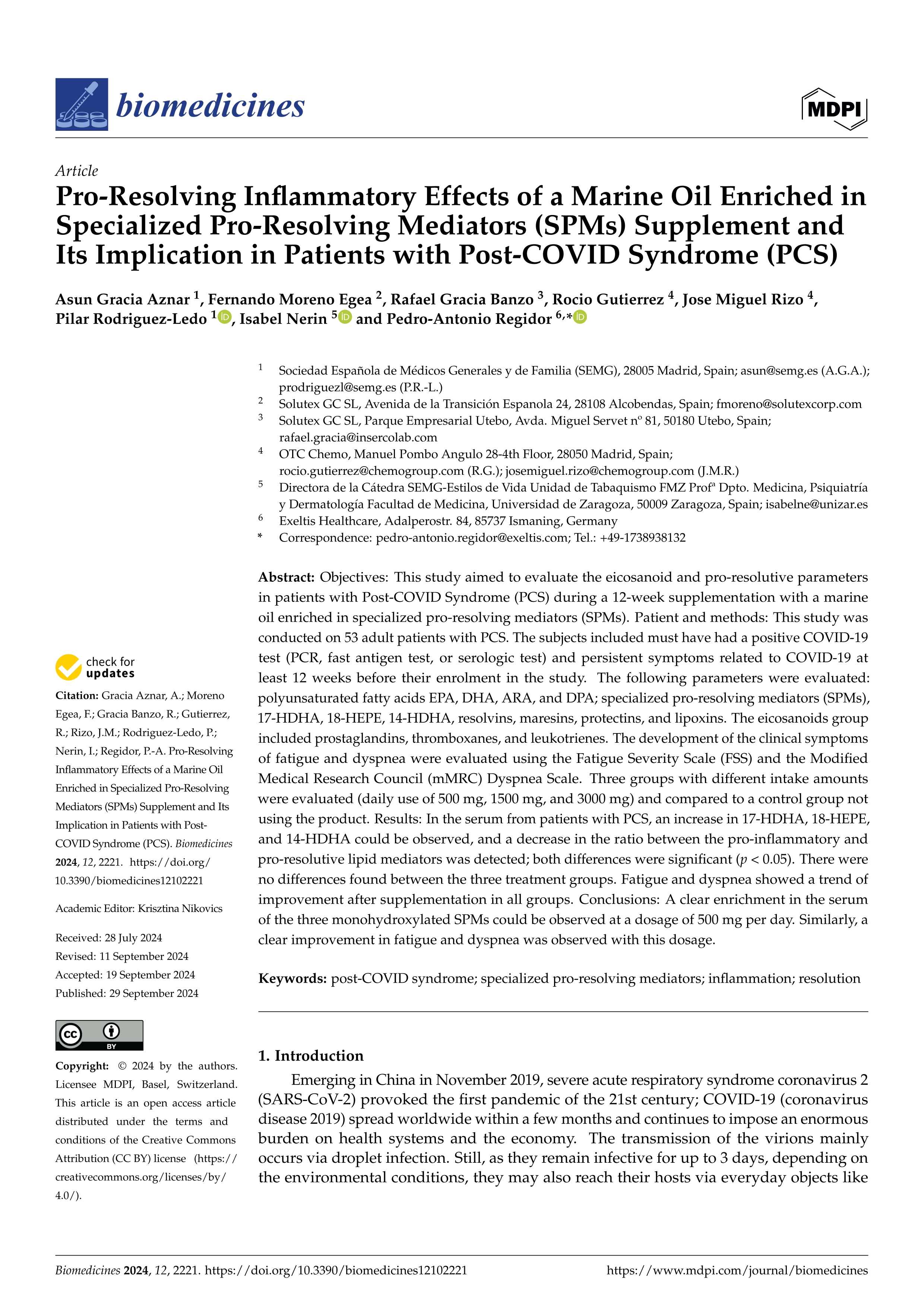 Pro-Resolving Inflammatory effects of a Marine Oil Enriched in specialized Pro-Resolving Mediators (SPMs) Supplement and its implication in patients with Post-COVID Syndrome (PCS)