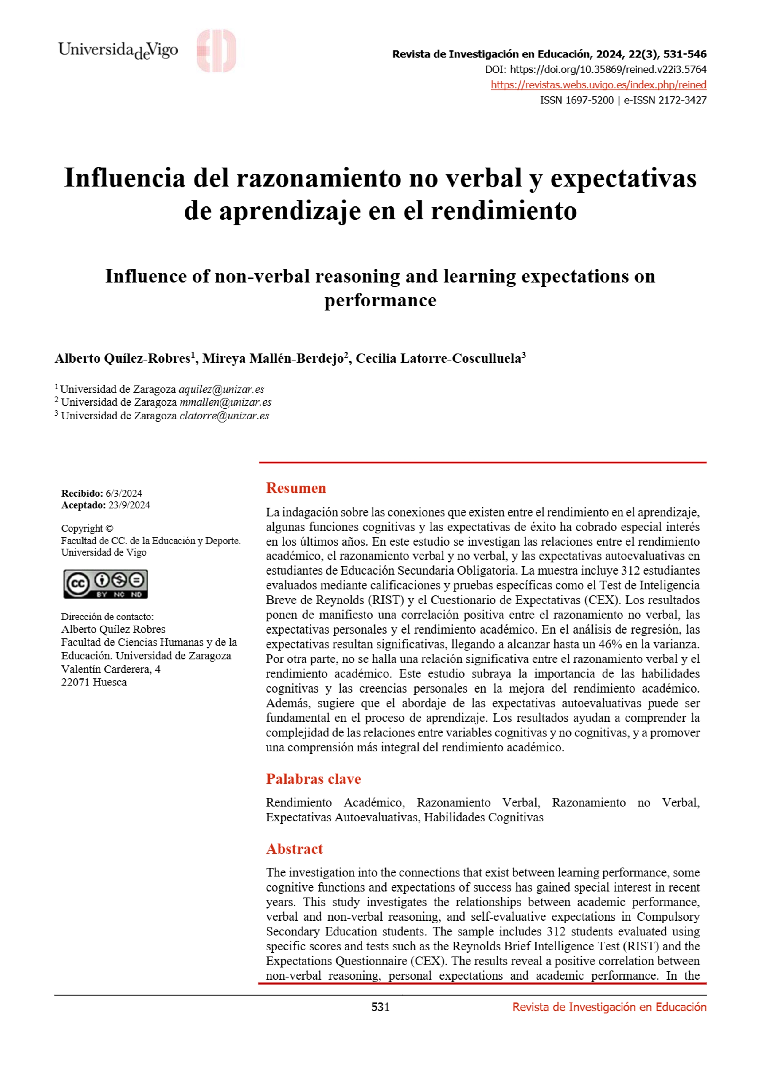 Influencia del razonamiento no verbal y expectativas de aprendizaje en el rendimiento