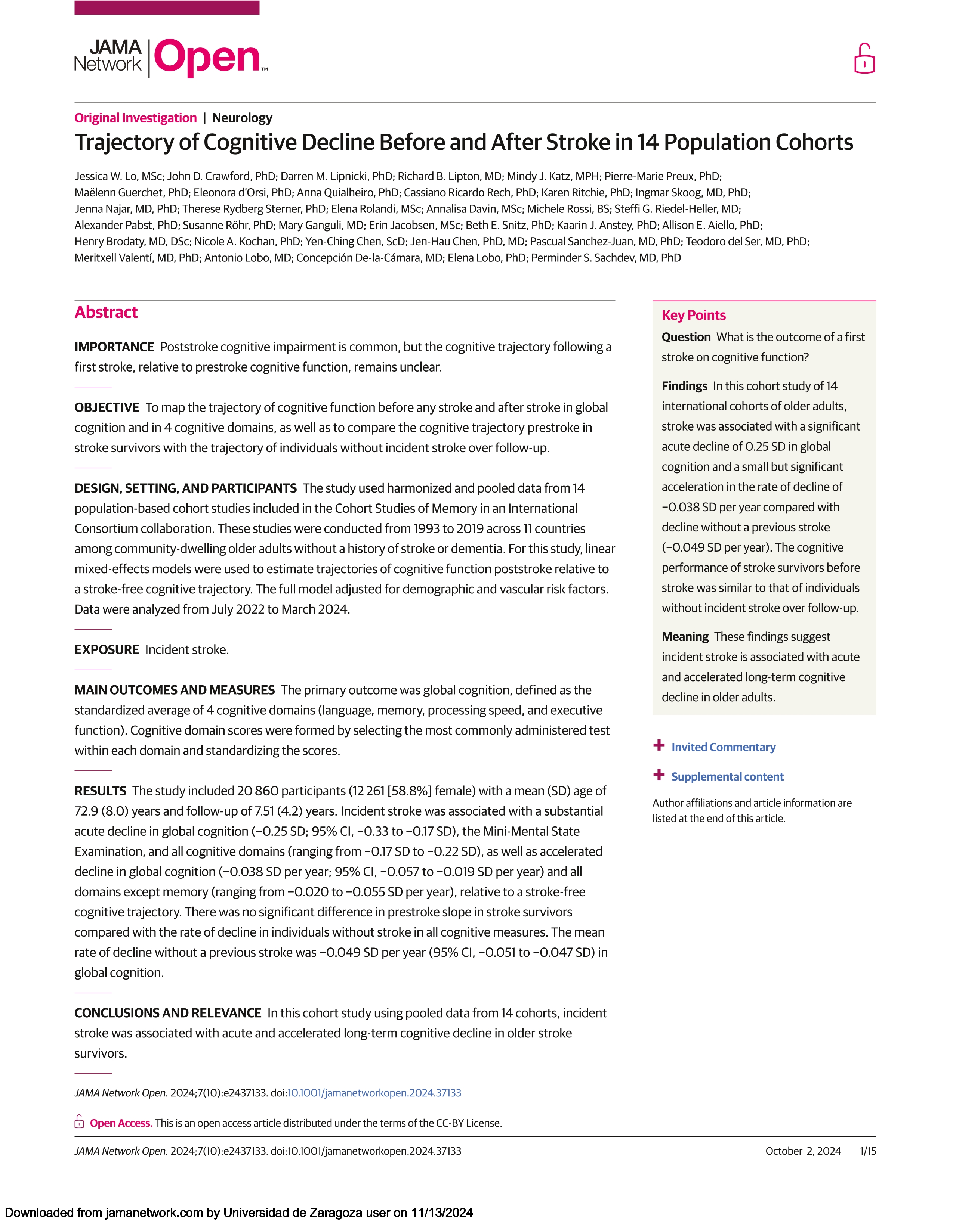 Trajectory of Cognitive Decline Before and After Stroke in 14 Population Cohorts