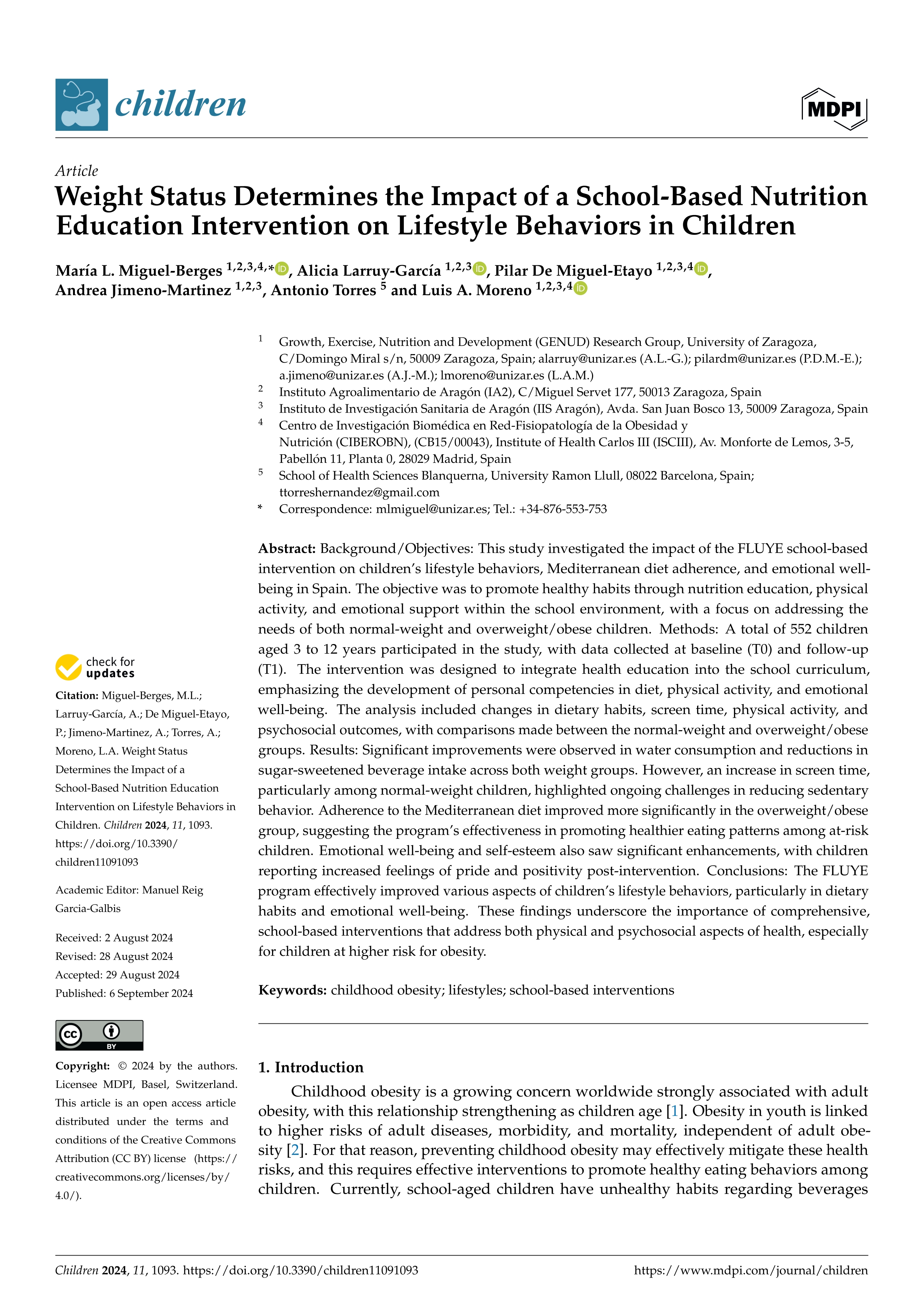 Weight Status Determines the Impact of a School-Based Nutrition Education Intervention on Lifestyle Behaviors in Children