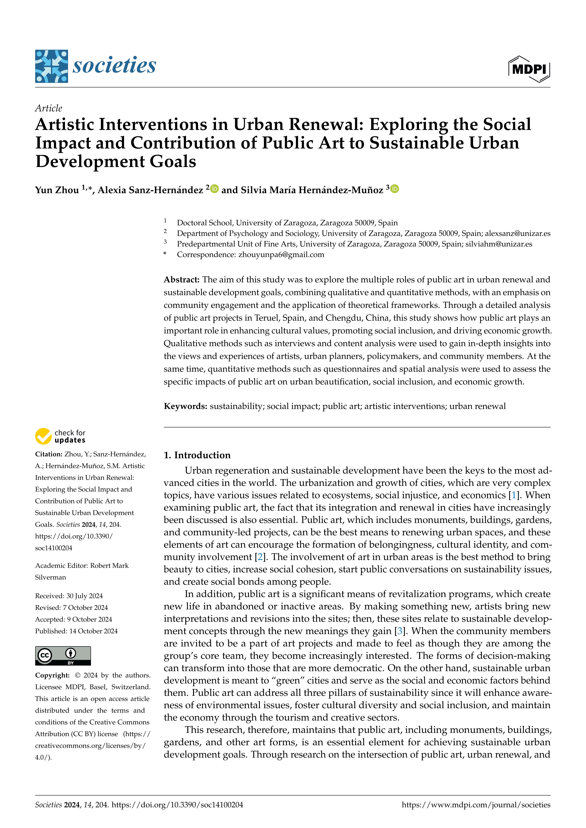 Artistic interventions in urban renewal: Exploring the social impact and contribution of public art to sustainable urban development goals