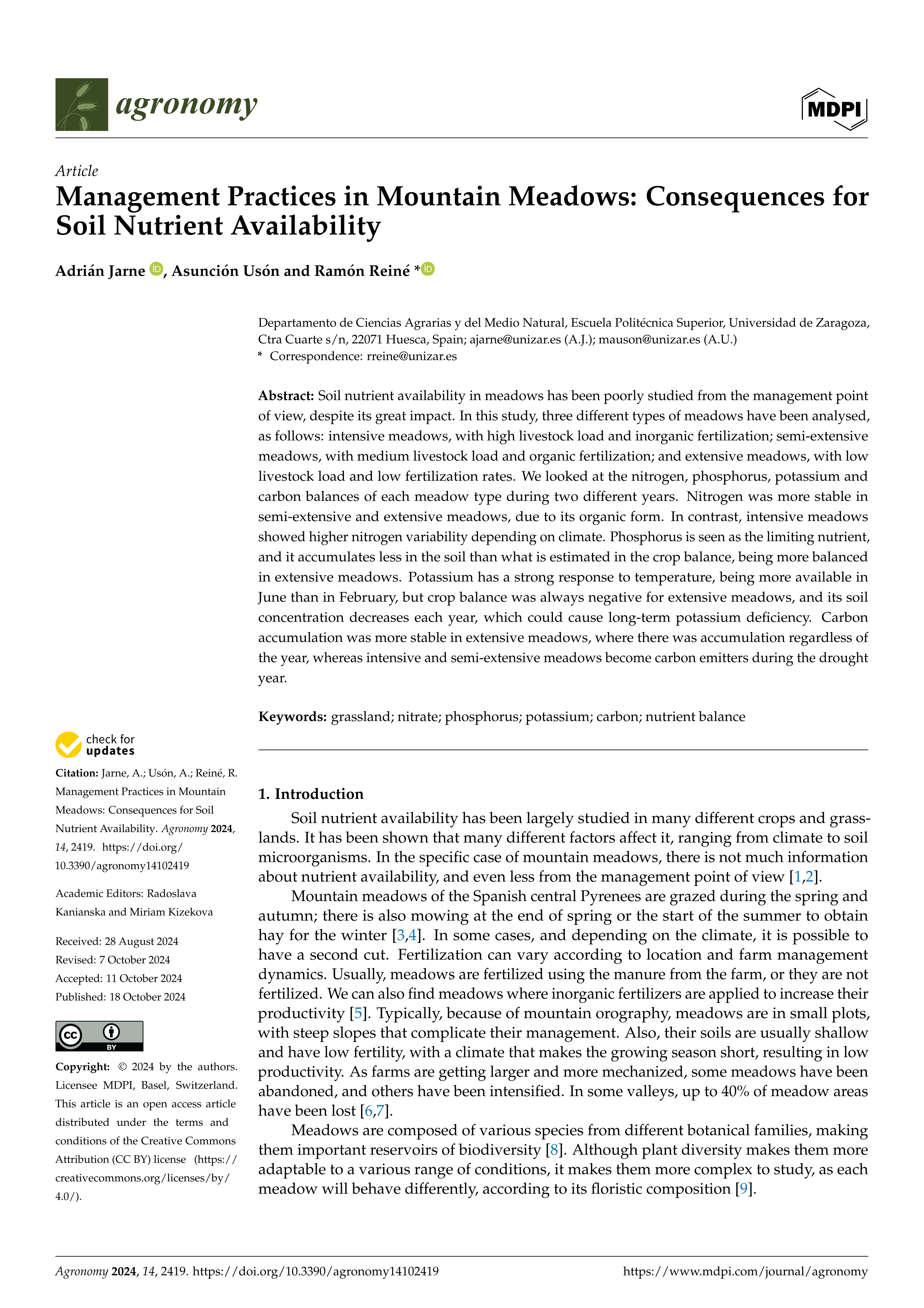 Management Practices in Mountain Meadows: Consequences for Soil Nutrient Availability