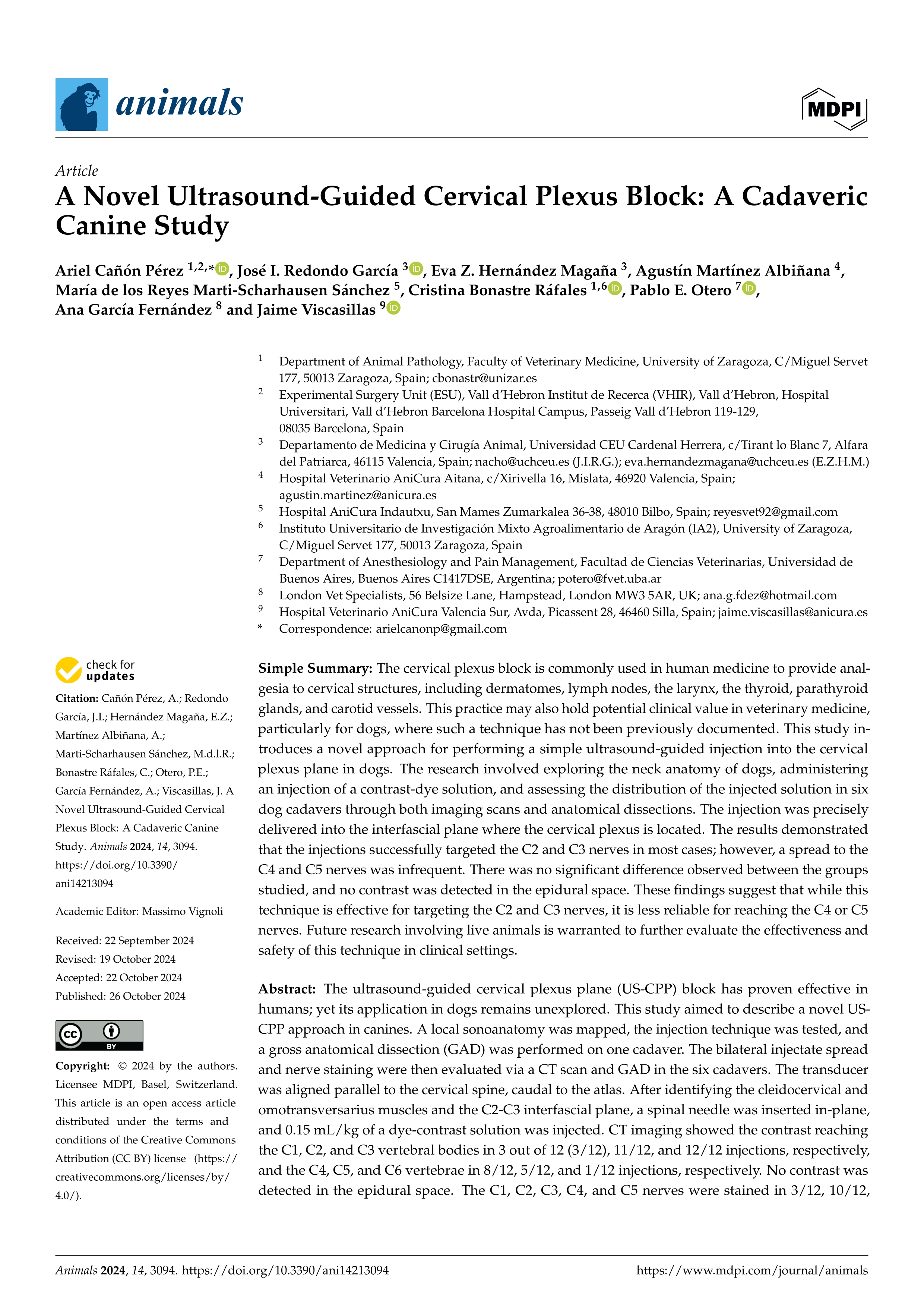 A Novel Ultrasound-Guided Cervical Plexus Block: A Cadaveric Canine Study