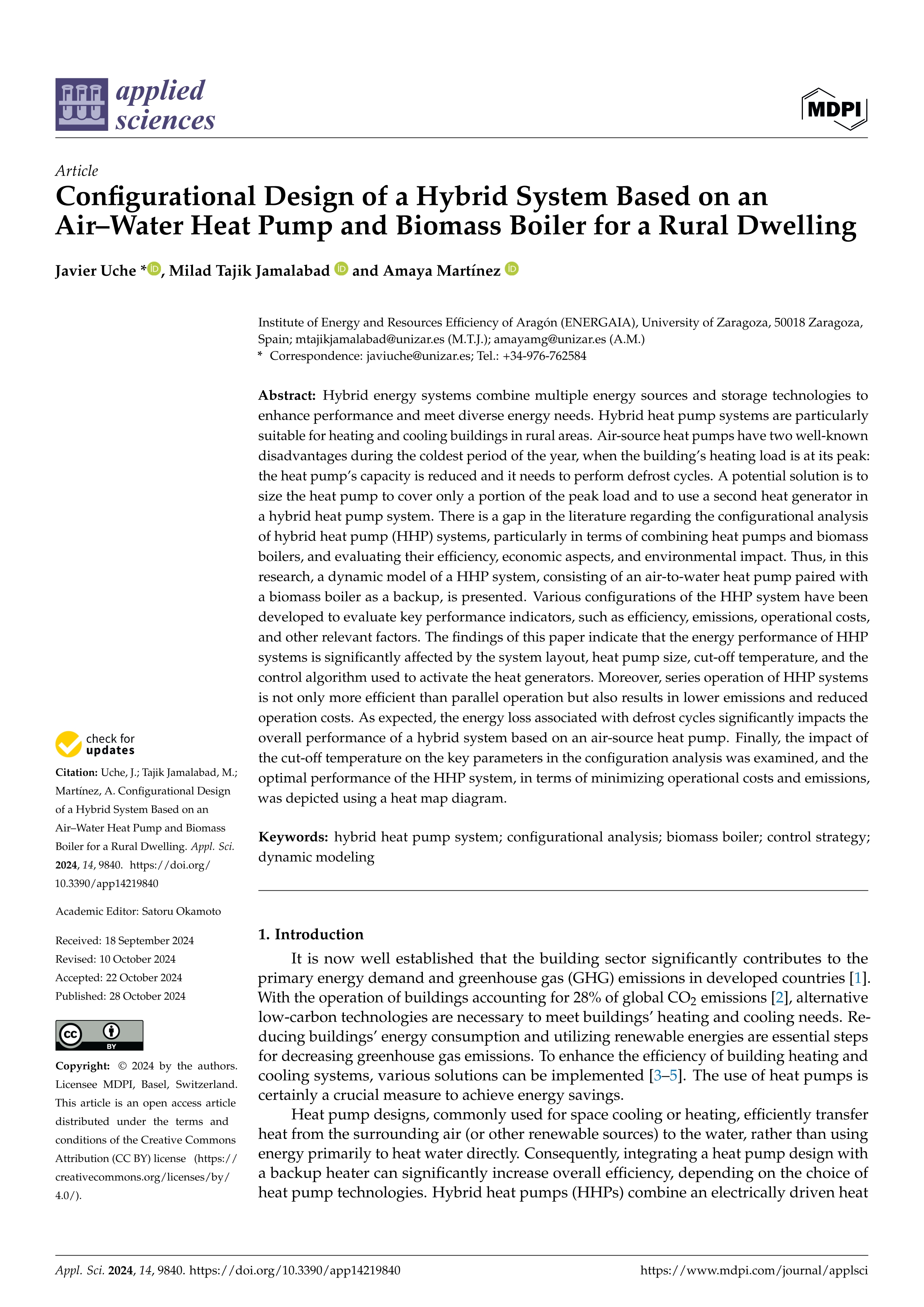 Configurational Design of a Hybrid System Based on an Air–Water Heat Pump and Biomass Boiler for a Rural Dwelling