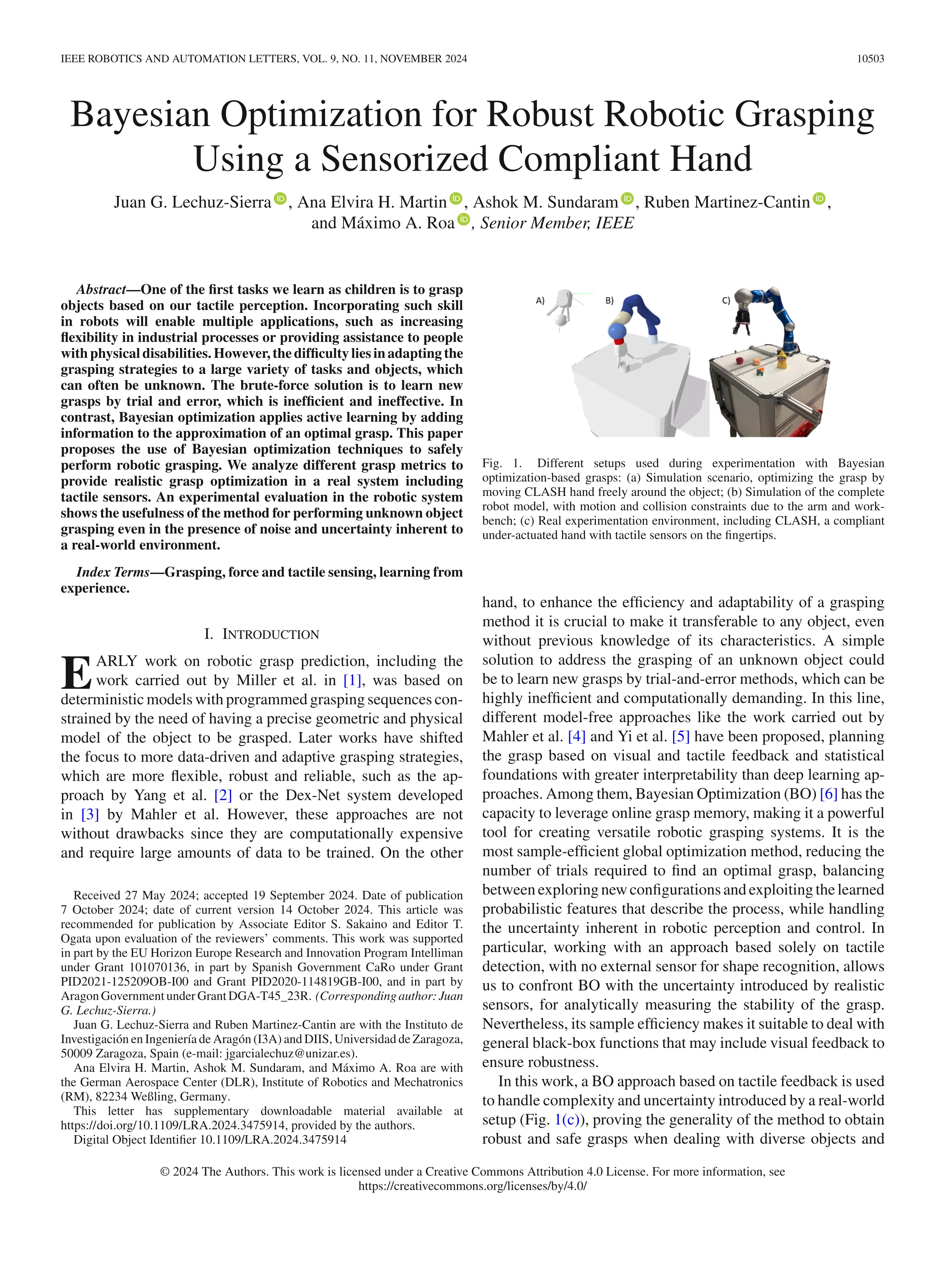 Bayesian optimization for robust robotic grasping using a sensorized compliant hand