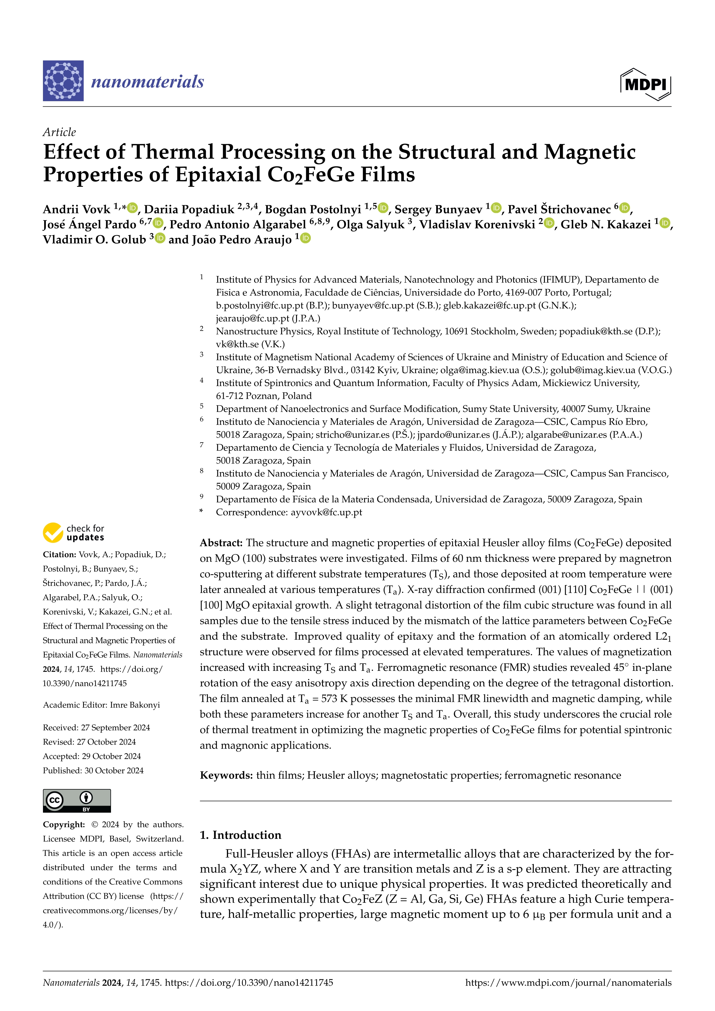 Effect of Thermal Processing on the Structural and Magnetic Properties of Epitaxial Co2FeGe Films