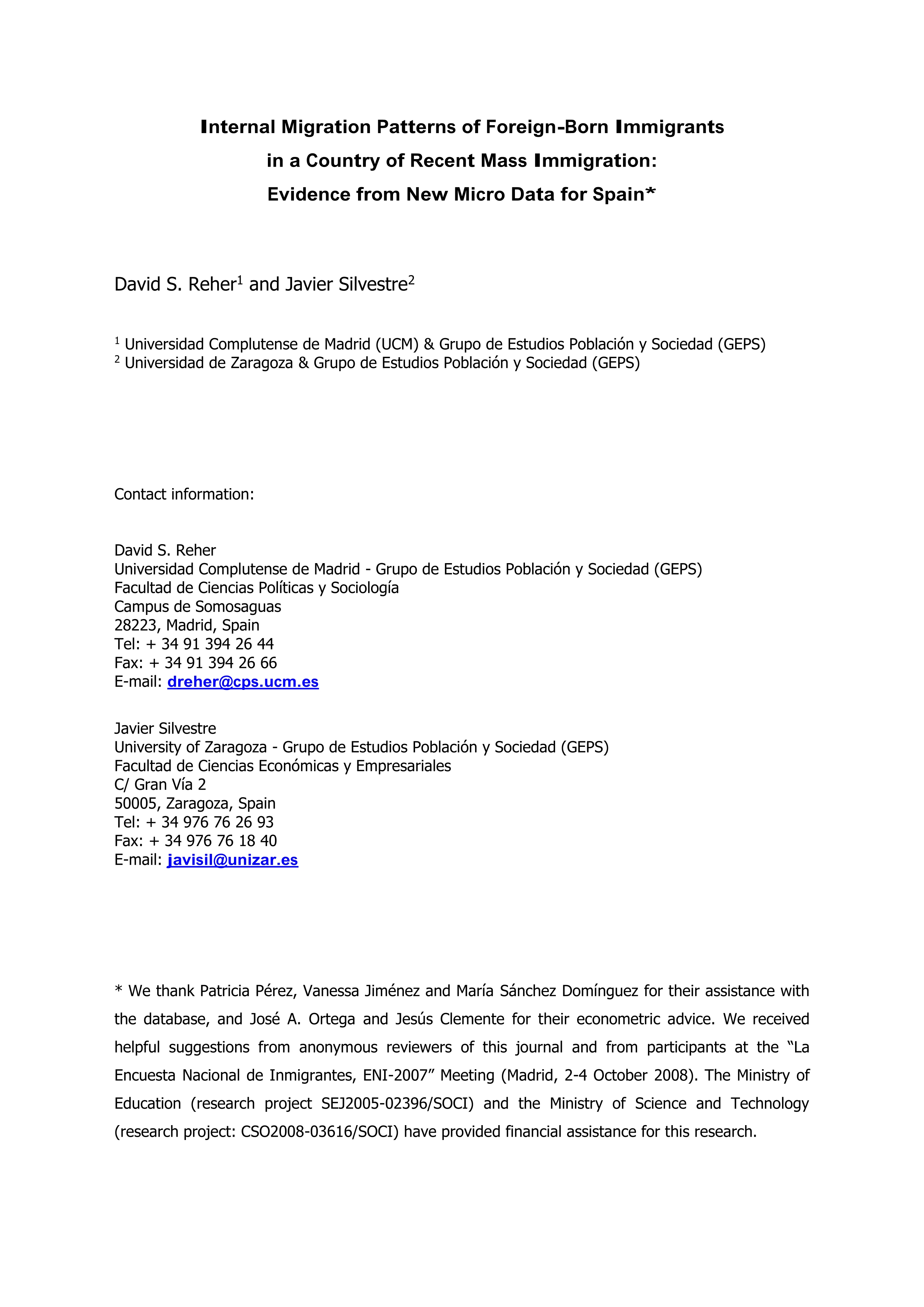 Internal Migration Patterns of Foreign-Born Immigrants in a Country of Recent Mass Immigration: Evidence from New Micro Data for Spain