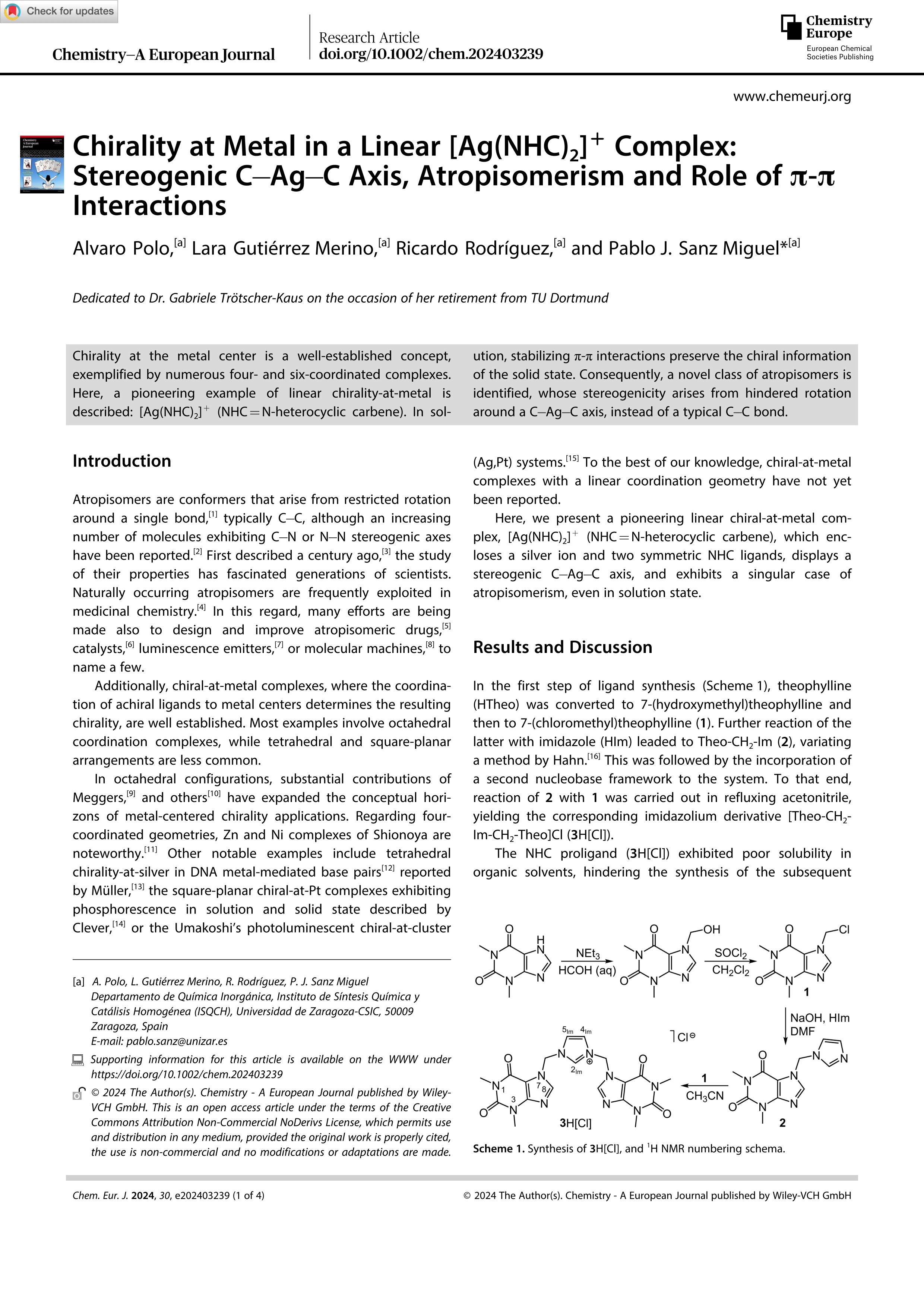 Chirality at Metal in a Linear [Ag(NHC)2]+ Complex: Stereogenic C-Ag-C Axis, Atropisomerism and Role of p-p Interactions