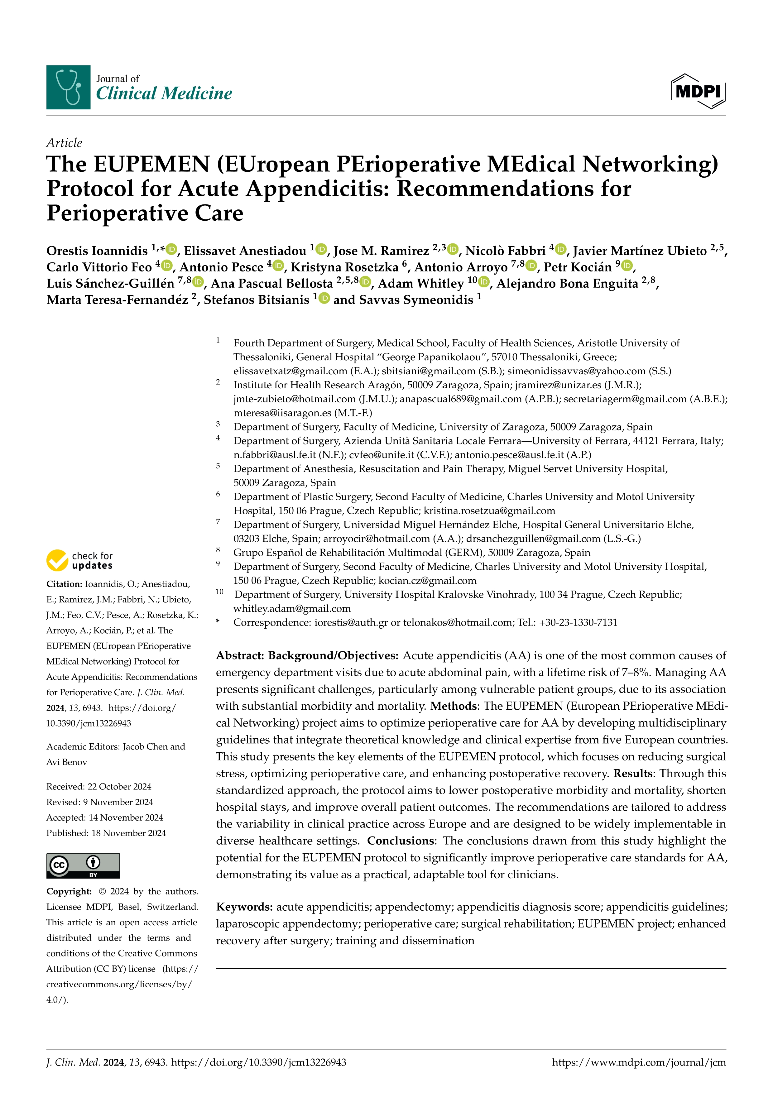 The EUPEMEN (European Perioperative MEdical Networking) Protocol for Acute Appendicitis: Recommendations for Perioperative Care