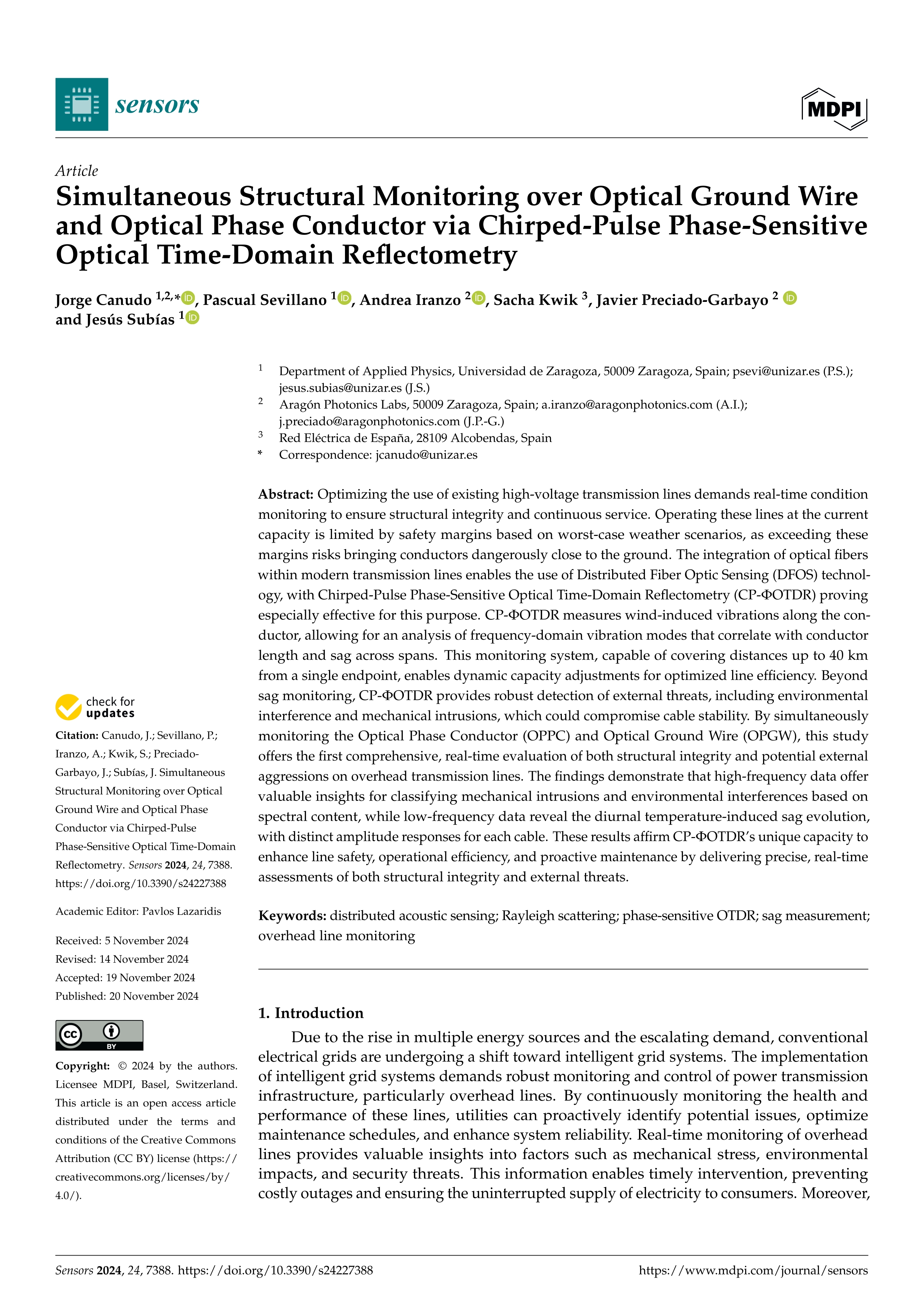 Simultaneous Structural Monitoring over Optical Ground Wire and Optical Phase Conductor via Chirped-Pulse Phase-Sensitive Optical Time-Domain Reflectometry