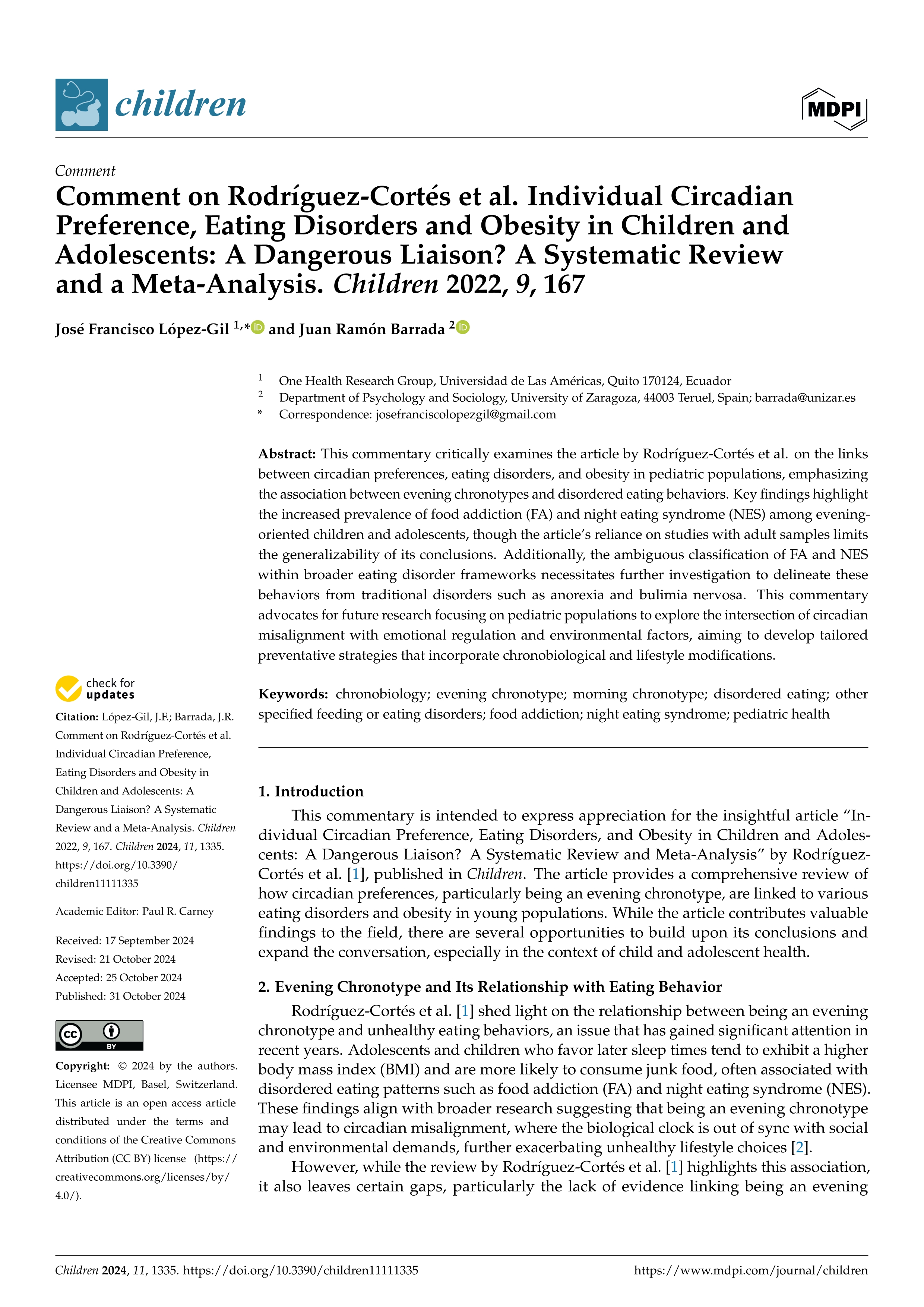 Comment on Rodríguez-Cortés et al. Individual Circadian Preference, Eating Disorders and Obesity in Children and Adolescents: A Dangerous Liaison? A Systematic Review and a Meta-Analysis. Children 2022, 9, 167