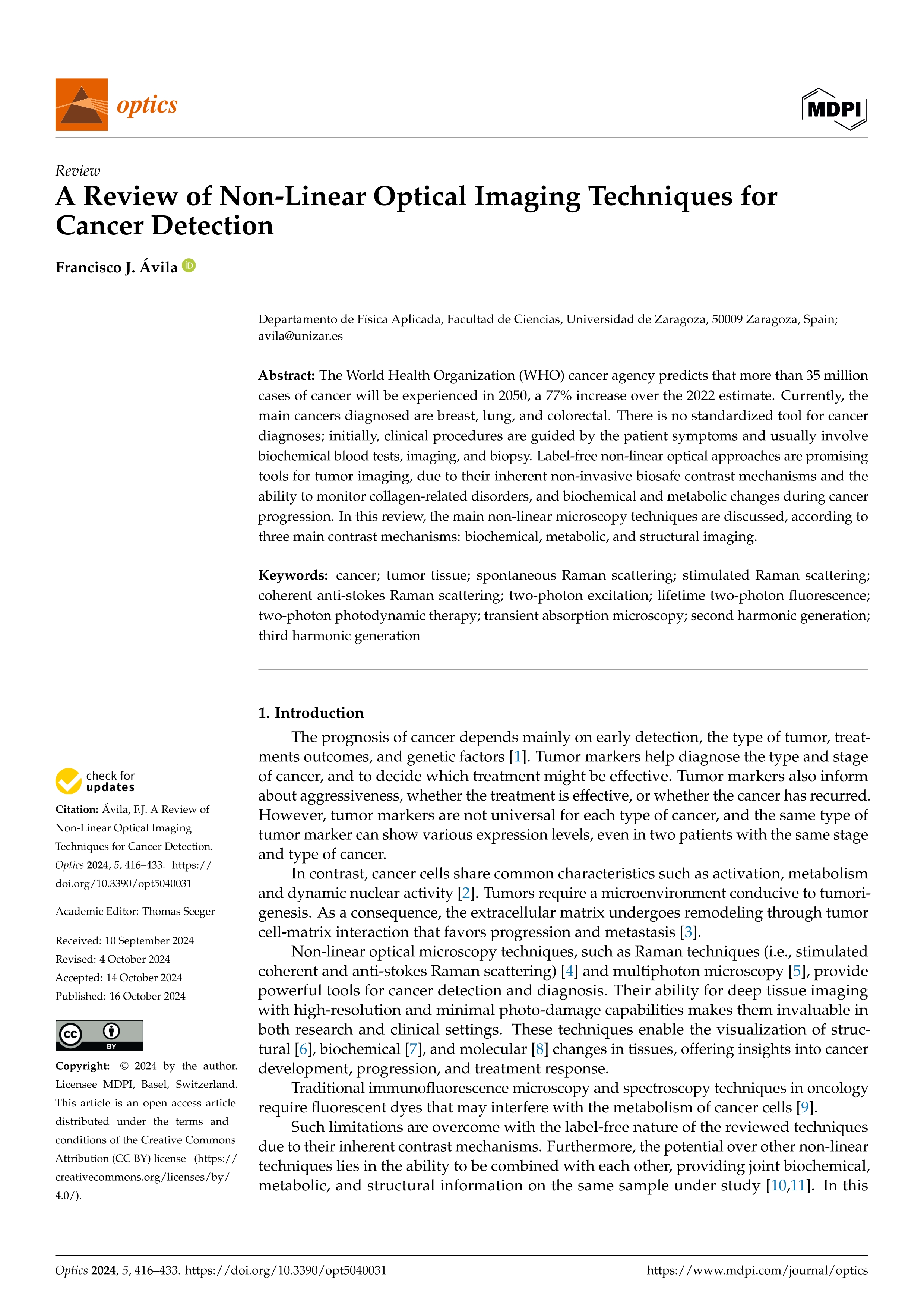 A Review of Non-Linear Optical Imaging Techniques for Cancer Detection